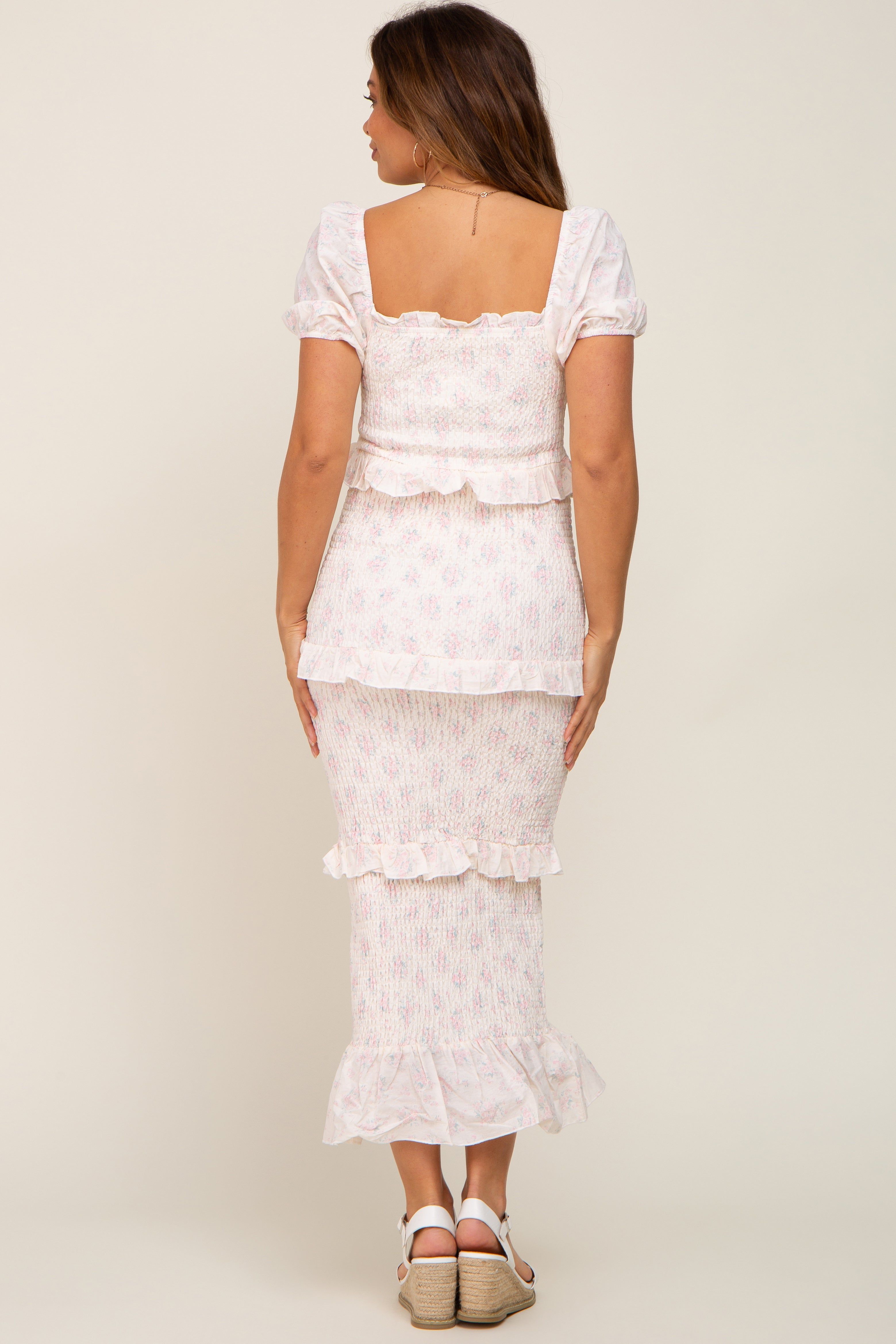 Light Pink Floral Square Neck Smocked Maternity Maxi Dress sold by Pinkblush product image thumbnail 3