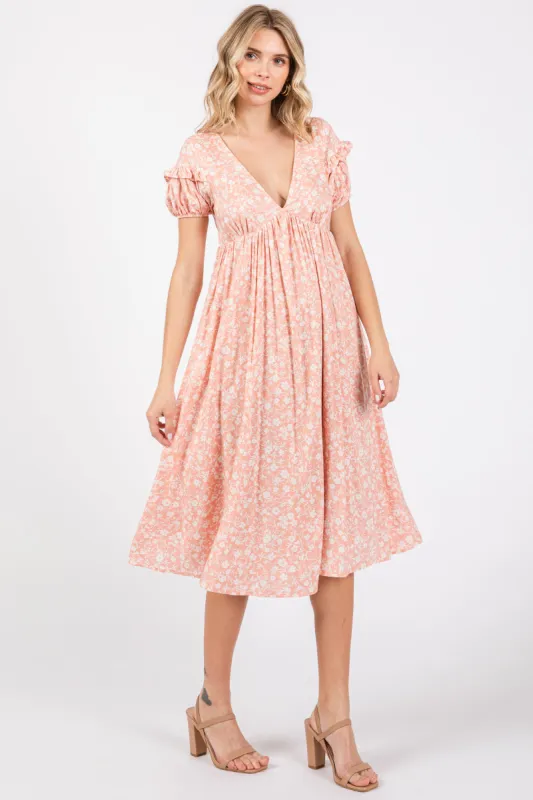Peach Floral V-Neck Short Sleeve Dress sold by Pinkblush