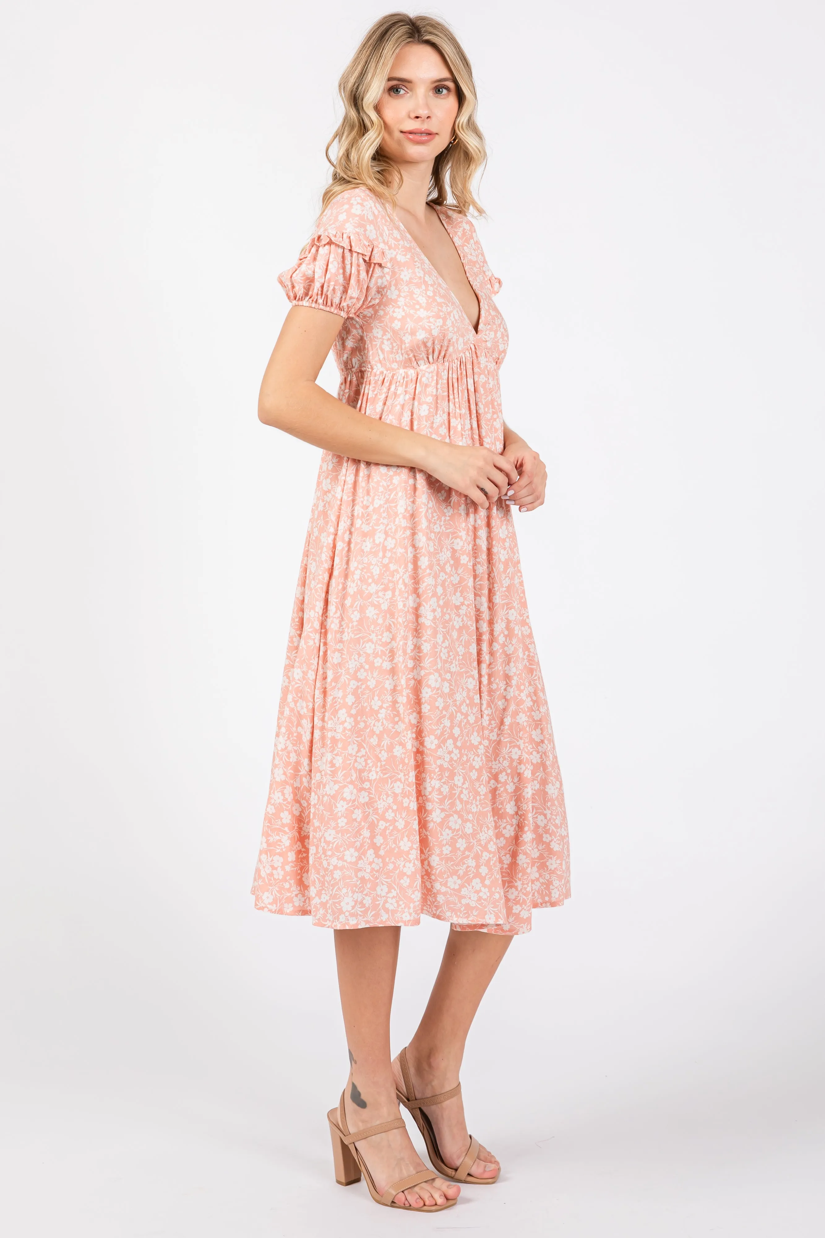 Peach Floral V-Neck Short Sleeve Dress sold by Pinkblush product image thumbnail 2
