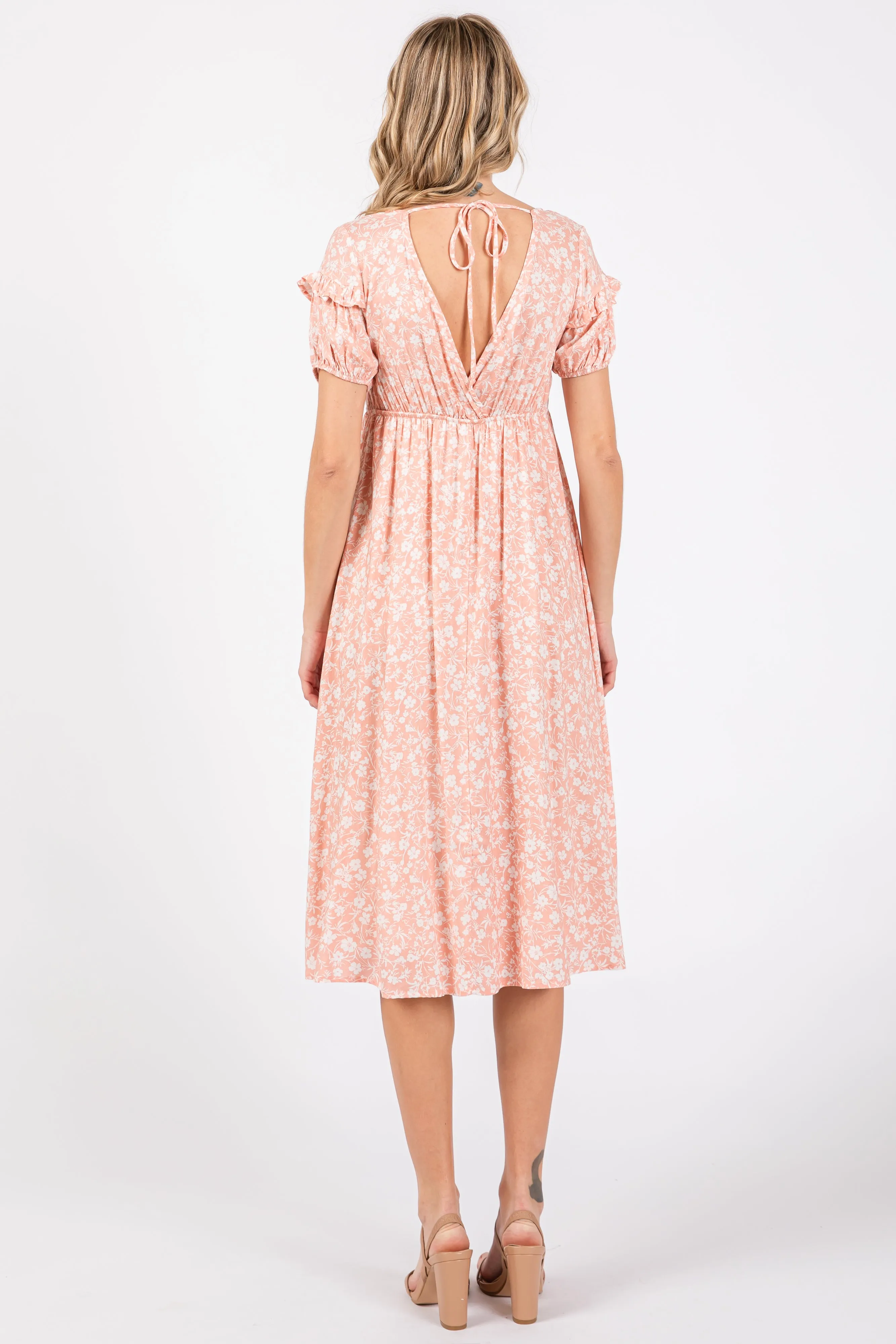 Peach Floral V-Neck Short Sleeve Dress sold by Pinkblush product image thumbnail 3
