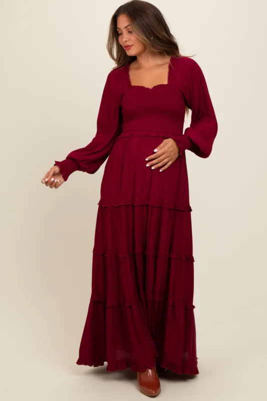 Burgundy Smocked Long Sleeve Ruffle Tiered Maternity Maxi Dress sold by Pinkblush