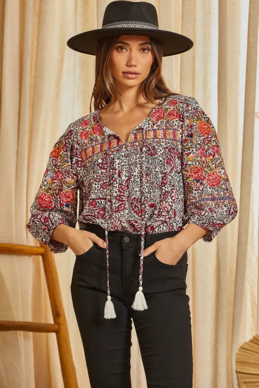 Beige Red Floral Embroidery Print Top sold by Pinkblush