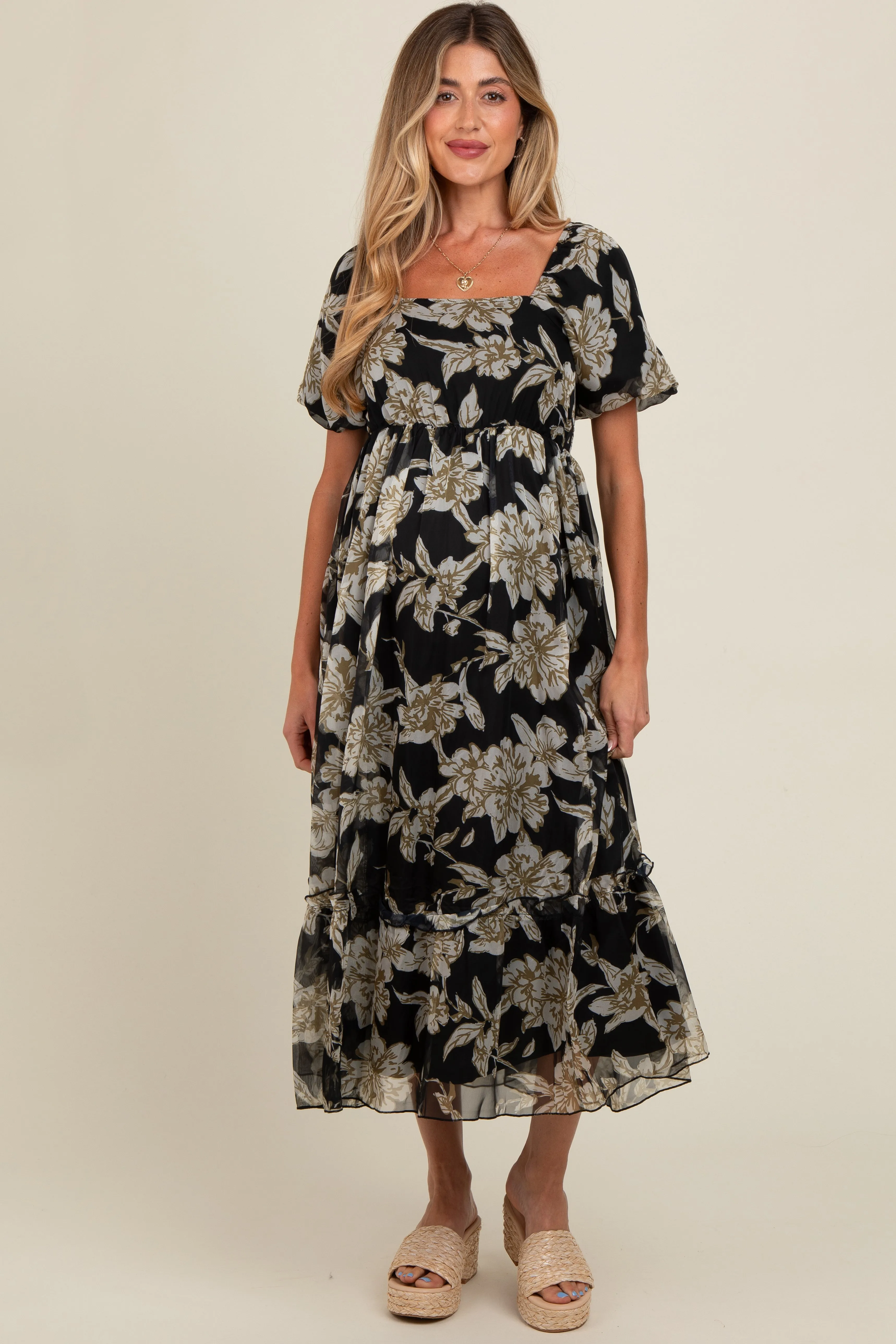 Black Floral Chiffon Ruffle Hem Maternity Midi Dress sold by Pinkblush product image thumbnail 2