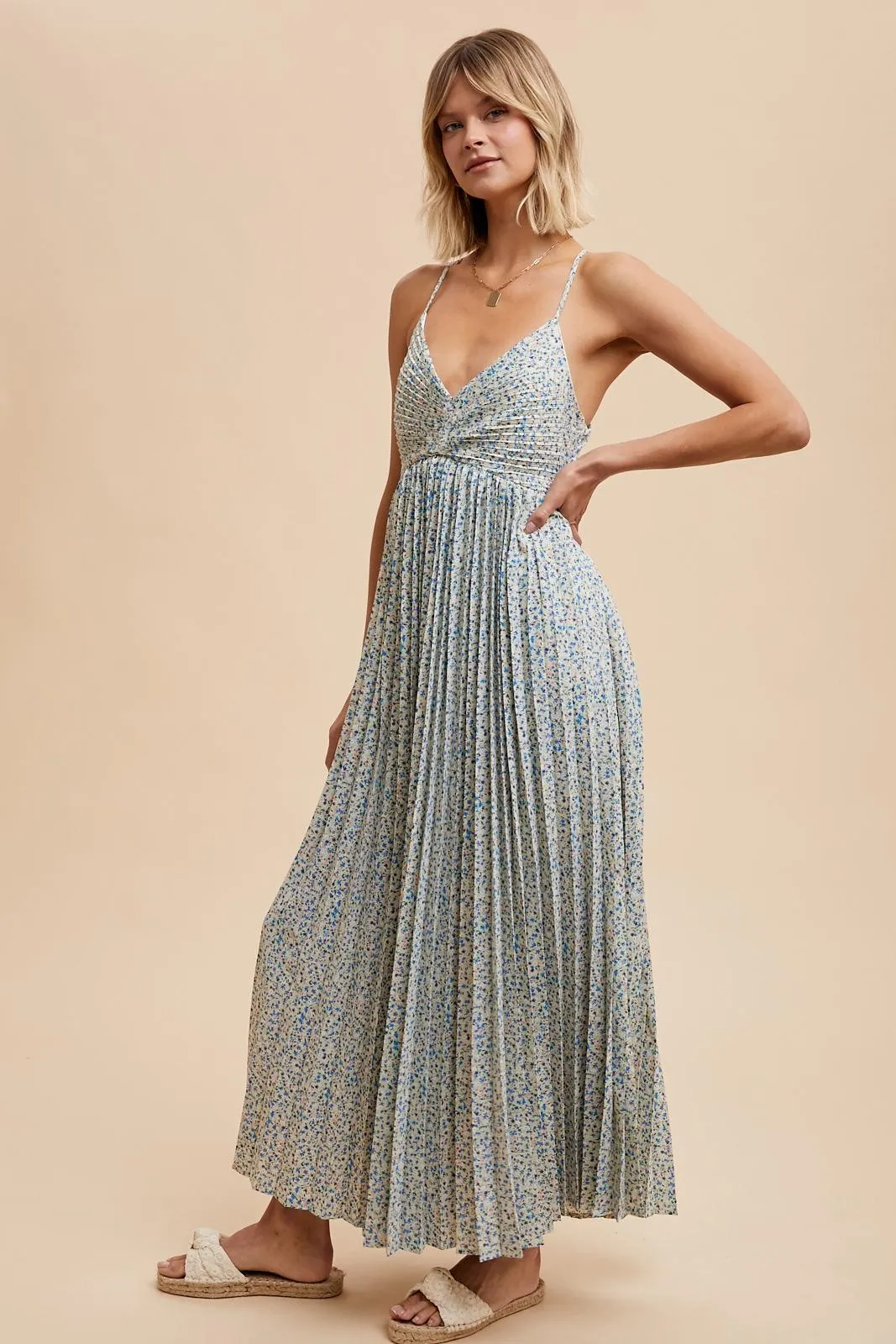 Blue Floral Pleated Cutout Back Maxi Dress sold by Pinkblush product image thumbnail 2