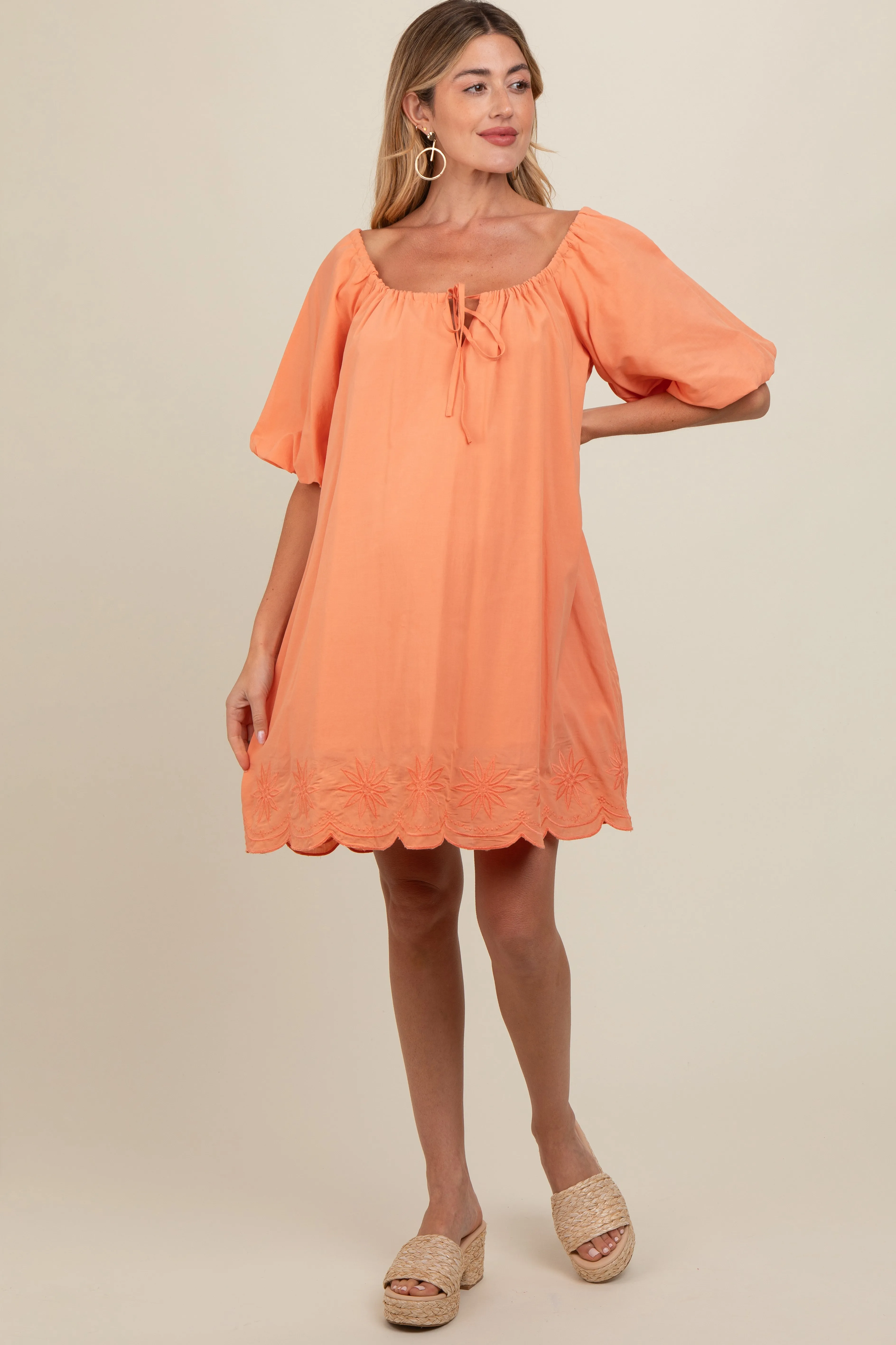 Peach Embroidered Puff Sleeve Maternity Dress sold by Pinkblush