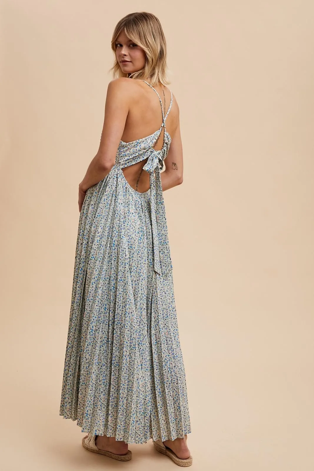 Blue Floral Pleated Cutout Back Maxi Dress sold by Pinkblush product image thumbnail 3
