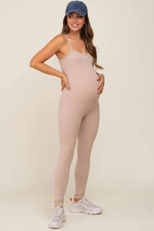 Taupe Ribbed Sleeveless Maternity Jumpsuit sold by Pinkblush