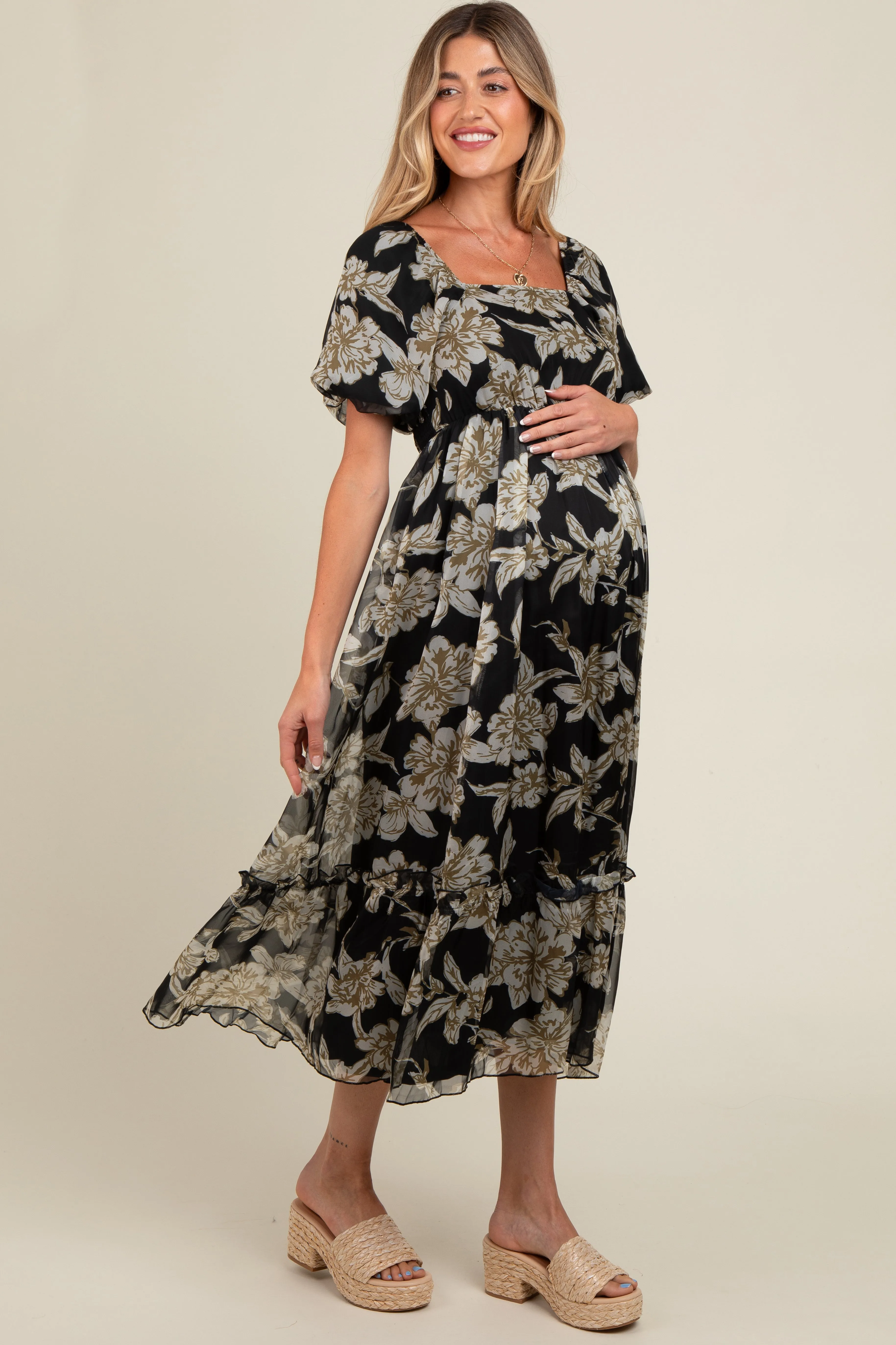Black Floral Chiffon Ruffle Hem Maternity Midi Dress sold by Pinkblush product image thumbnail 4