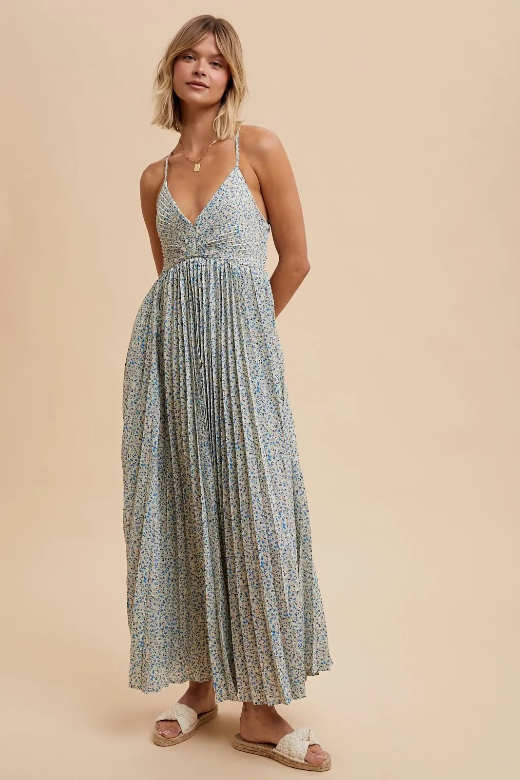 Blue Floral Pleated Cutout Back Maxi Dress sold by Pinkblush
