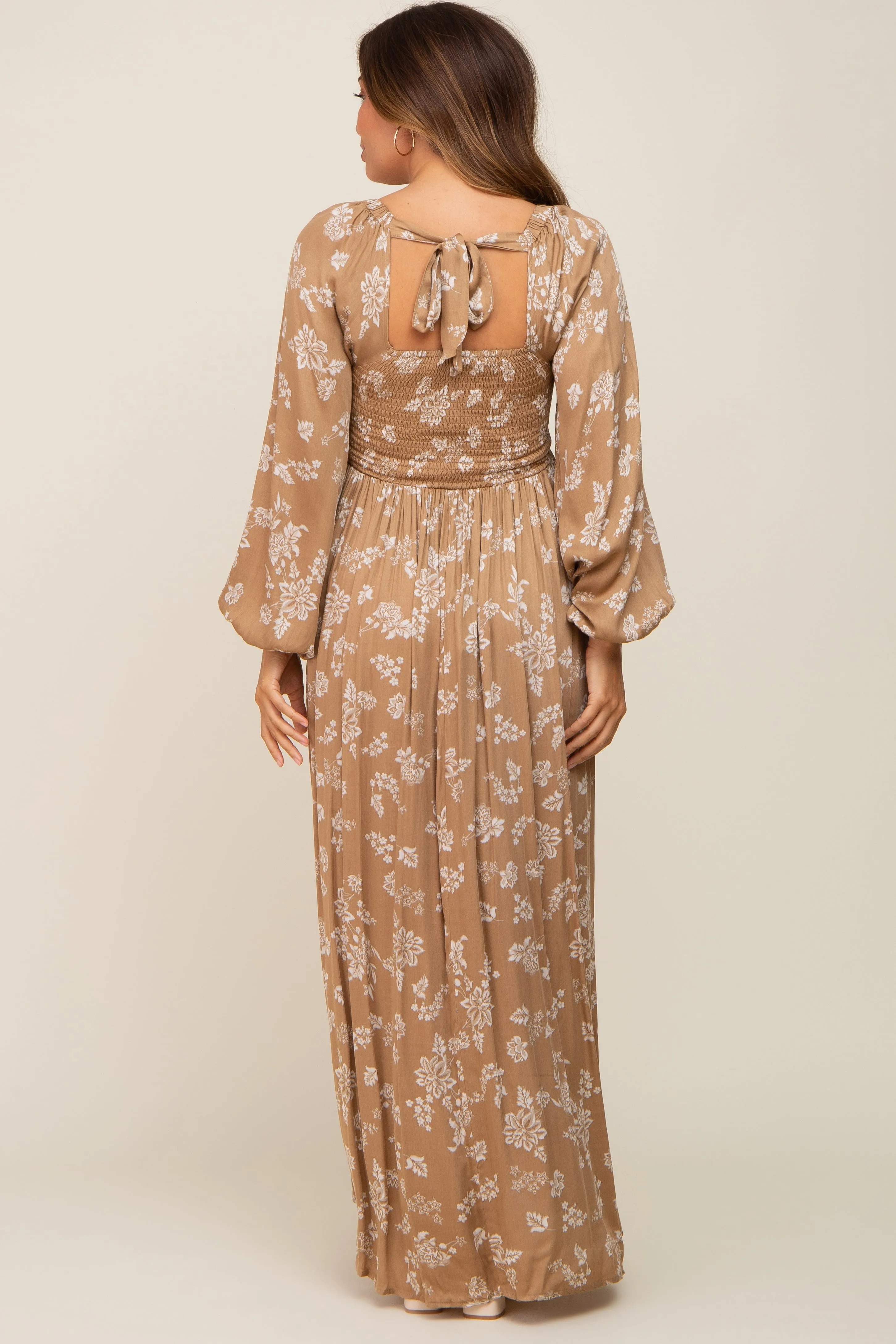 Camel Floral Smocked Side Slit Maternity Dress sold by Pinkblush product image thumbnail 3