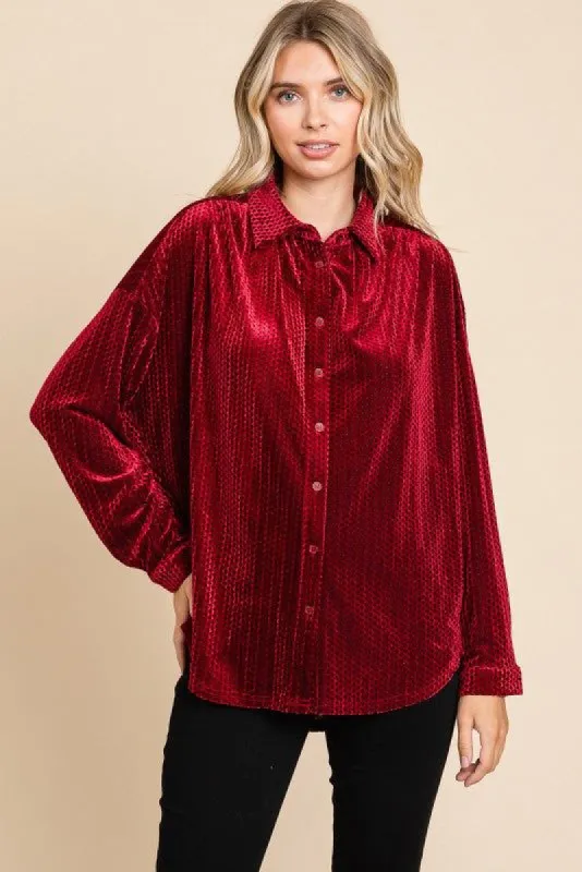 Burgundy Velvet Button Front Blouse made by Pinkblush