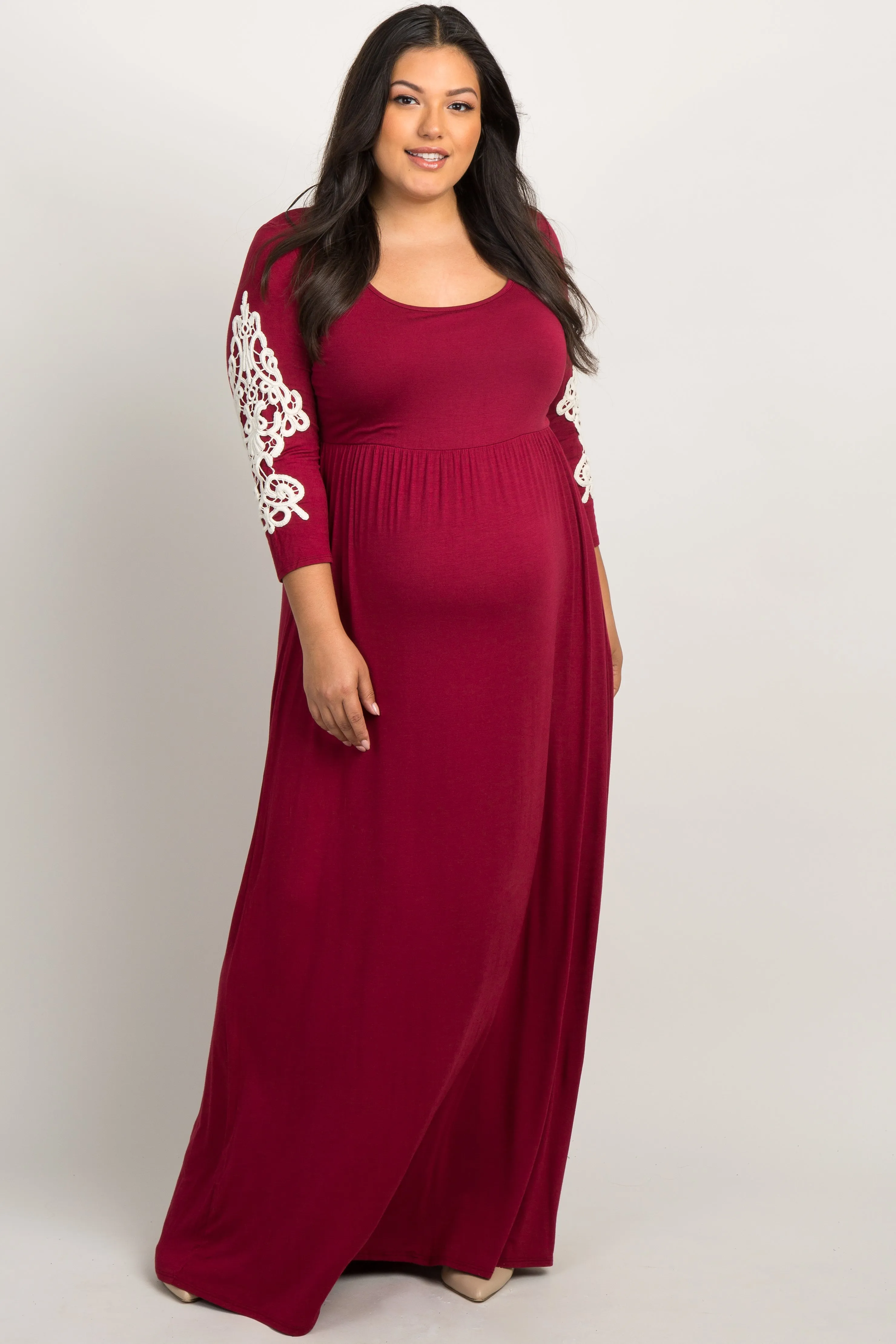 Burgundy Crochet Sleeve Plus Maternity Maxi Dress sold by Pinkblush