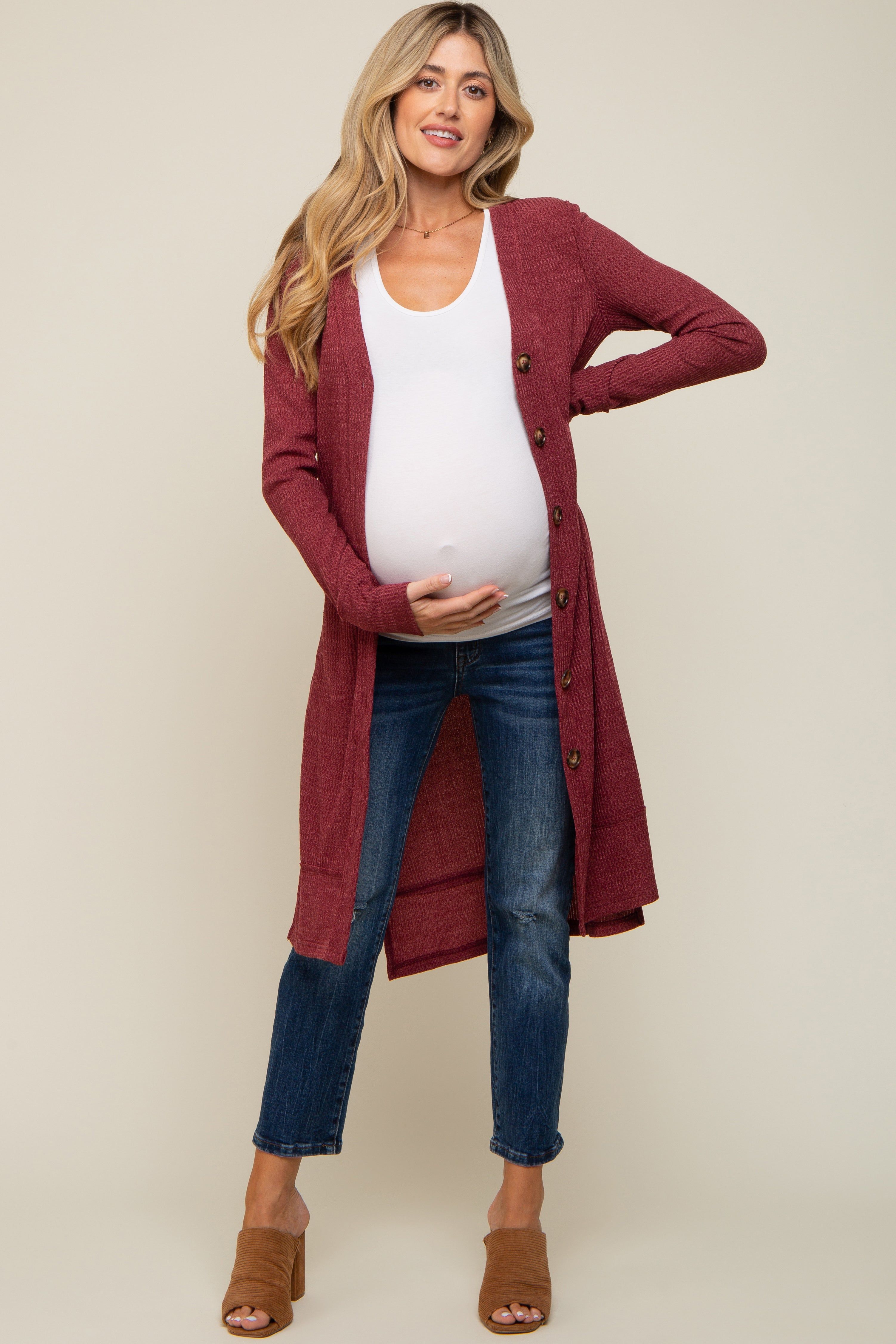Burgundy Rib Knit Front Button Maternity Cardigan sold by Pinkblush product image thumbnail 5