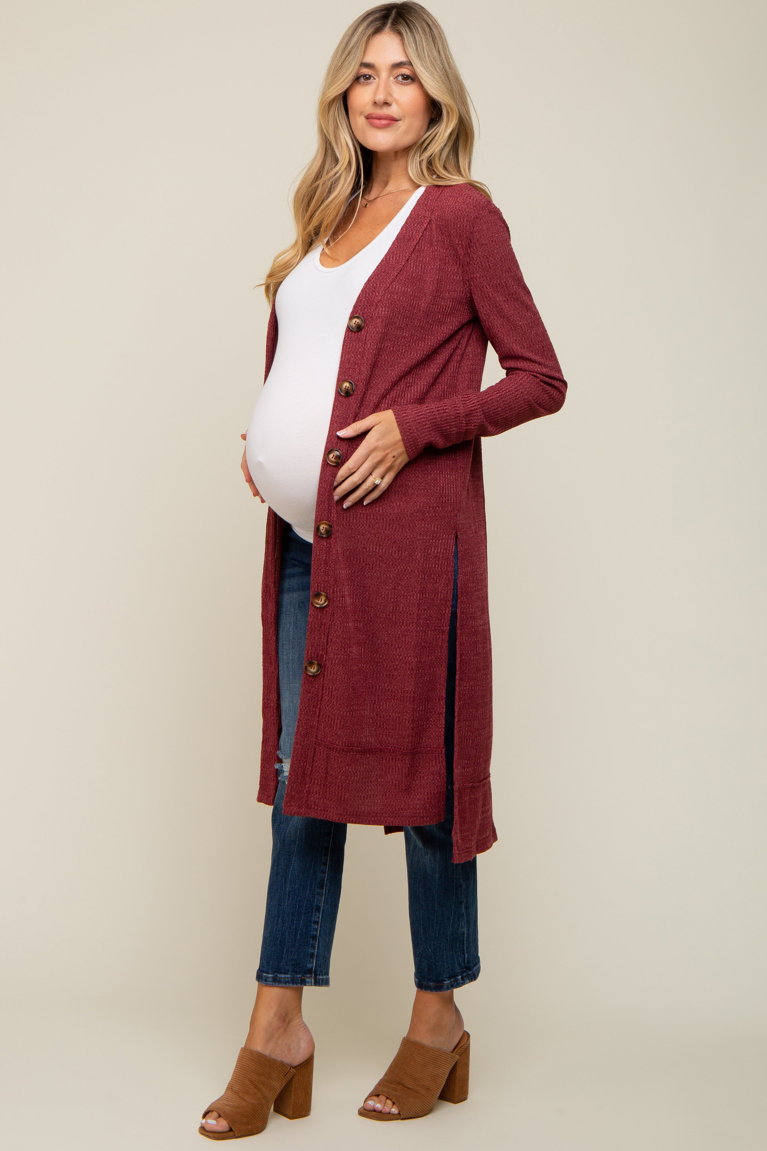 Burgundy Rib Knit Front Button Maternity Cardigan sold by Pinkblush product image thumbnail 2