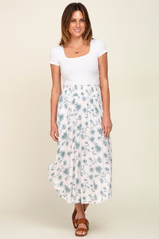 Blue Floral Smocked Waist Round Hem Midi Skirt sold by Pinkblush