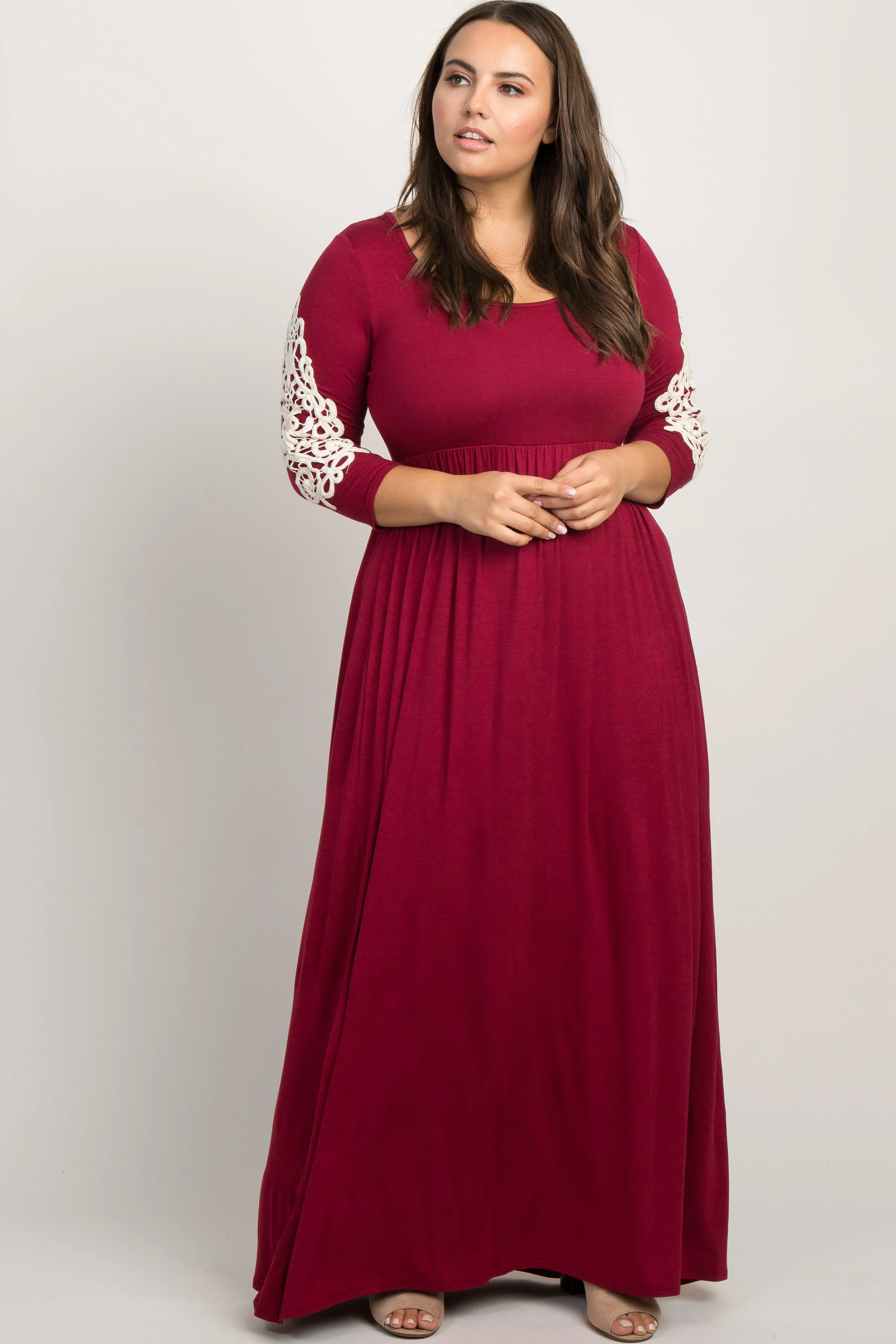 Burgundy Crochet Sleeve Plus Maternity Maxi Dress sold by Pinkblush product image thumbnail 5