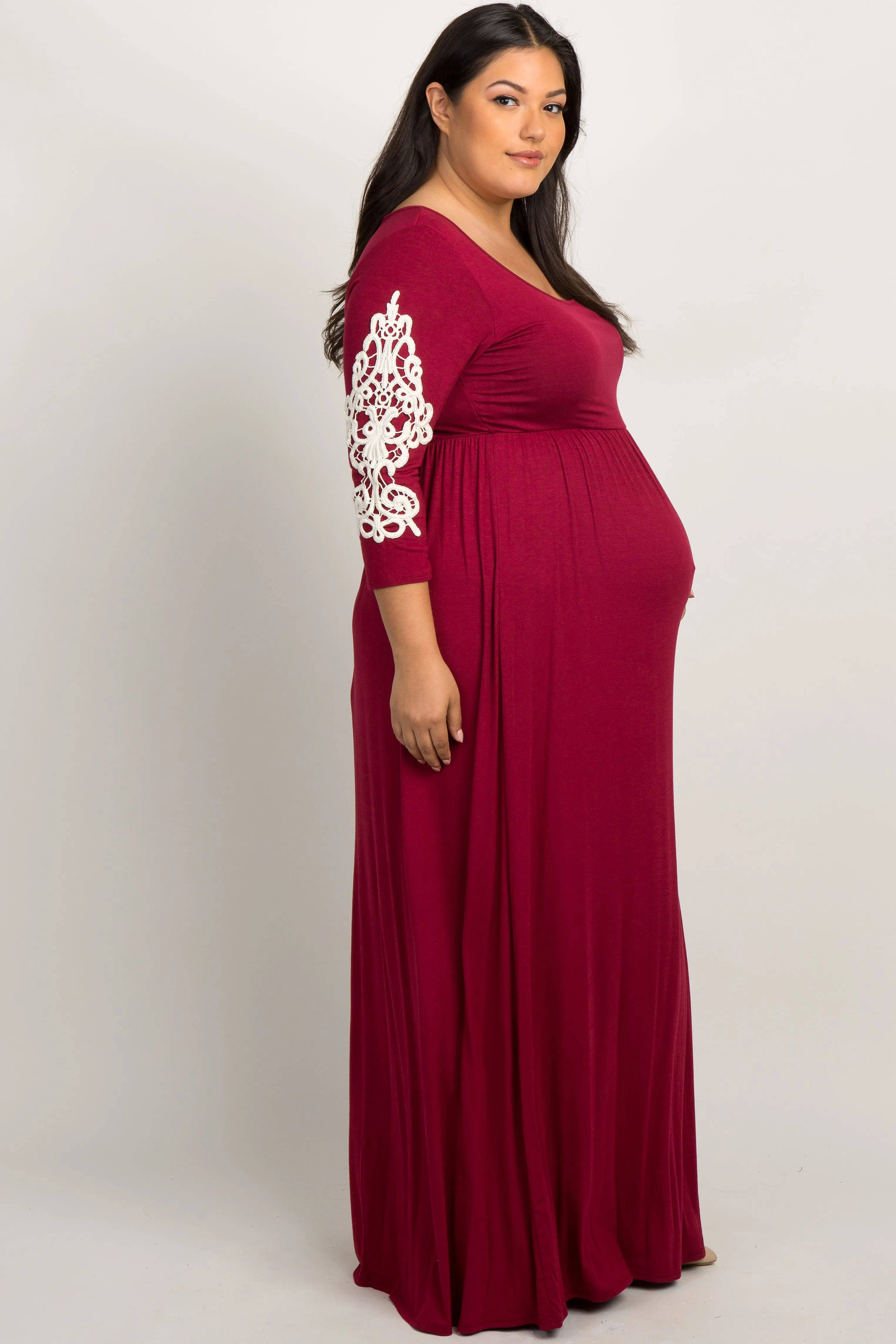 Burgundy Crochet Sleeve Plus Maternity Maxi Dress sold by Pinkblush product image thumbnail 2
