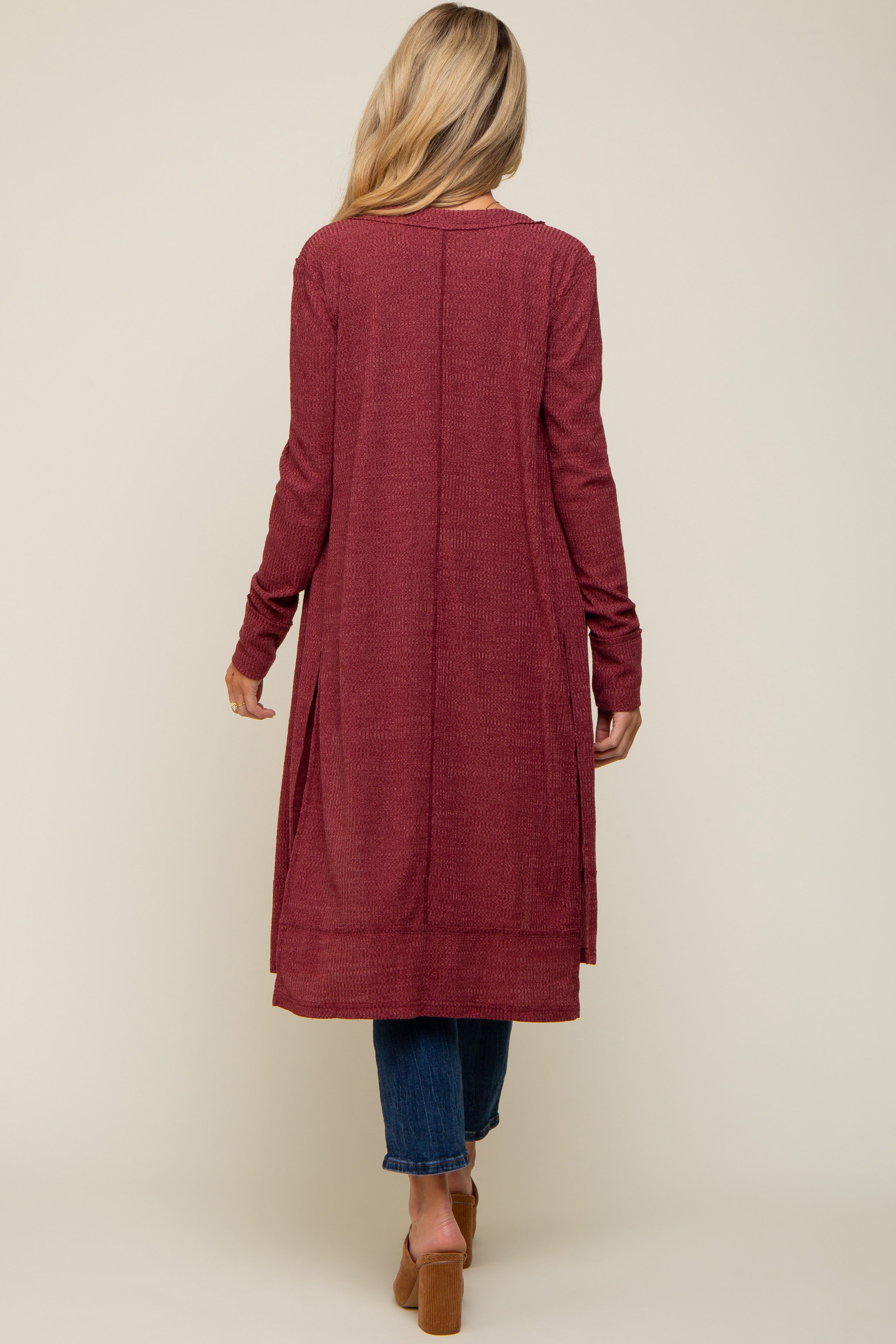 Burgundy Rib Knit Front Button Maternity Cardigan sold by Pinkblush product image thumbnail 3
