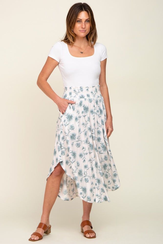 Blue Floral Smocked Waist Round Hem Midi Skirt sold by Pinkblush product image thumbnail 5