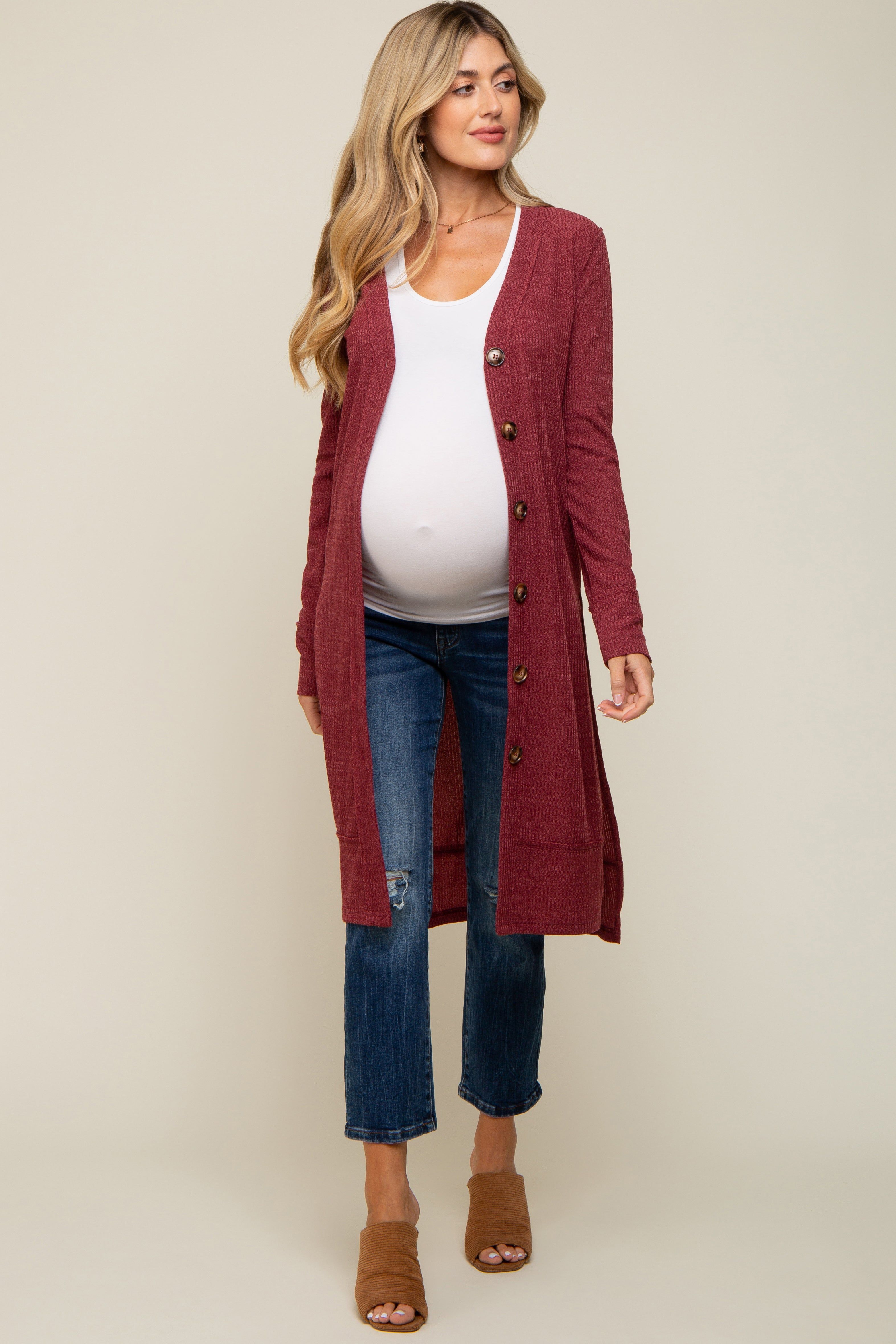 Burgundy Rib Knit Front Button Maternity Cardigan sold by Pinkblush