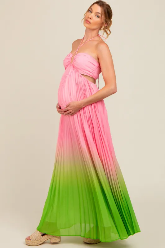 Light Pink Ombre Pleated Halter Cutout Maternity Maxi Dress sold by Pinkblush