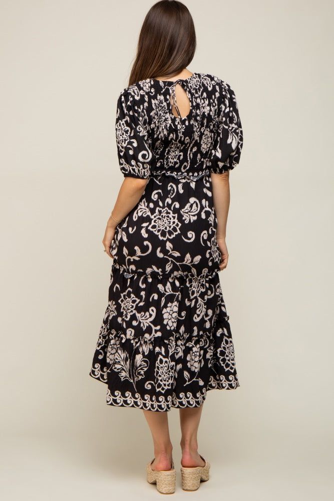 Black Floral Smocked Ruffle Tiered Maternity Midi Dress sold by Pinkblush product image thumbnail 3