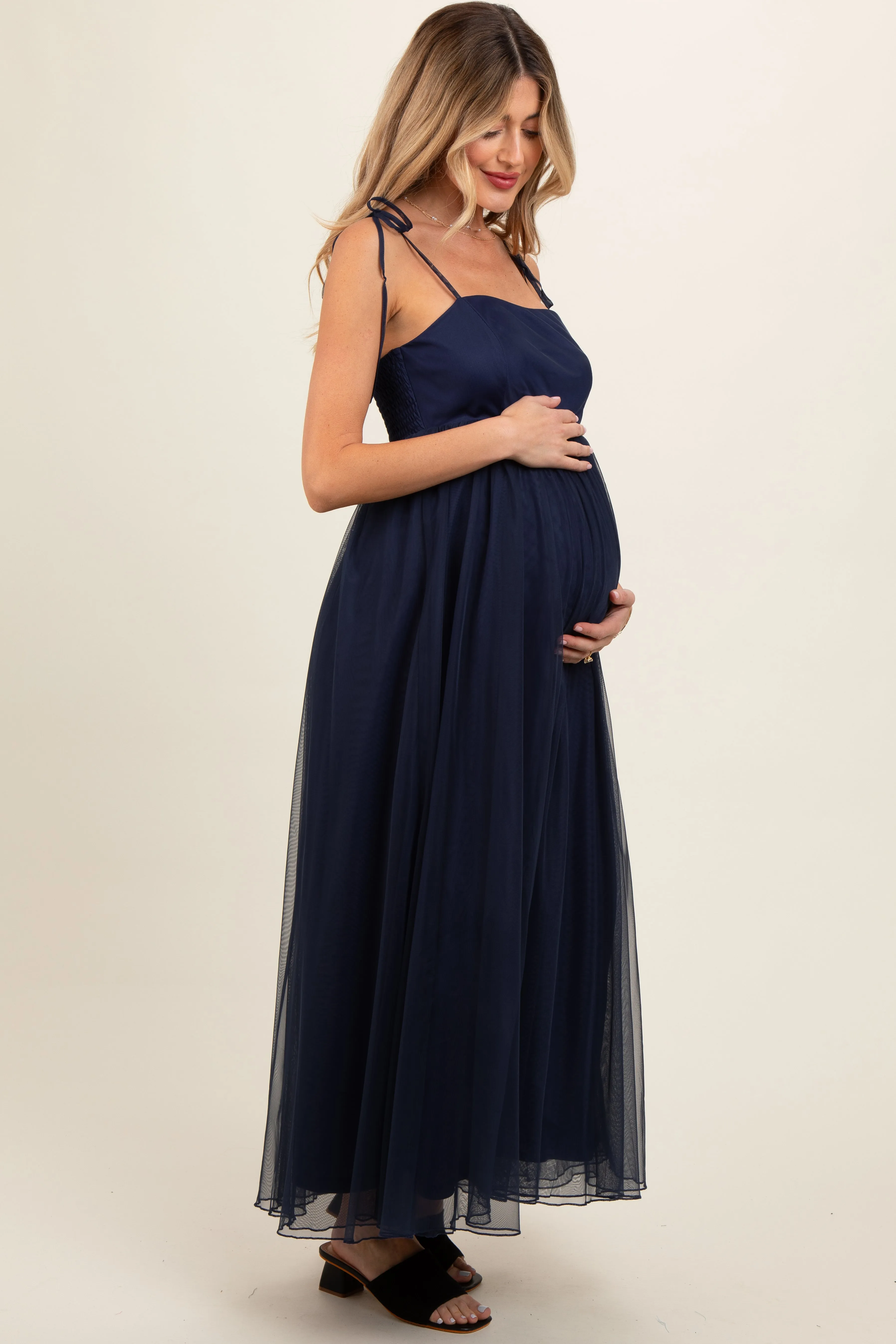 Navy Blue Square Neck Shoulder Tie Tulle Maternity Maxi Dress sold by Pinkblush product image thumbnail 3