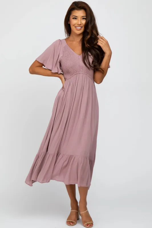 Mauve Smocked V-Neck Midi Dress sold by Pinkblush