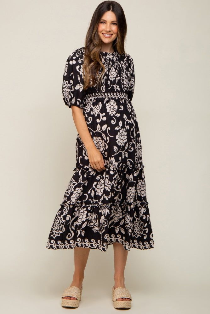 Black Floral Smocked Ruffle Tiered Maternity Midi Dress sold by Pinkblush