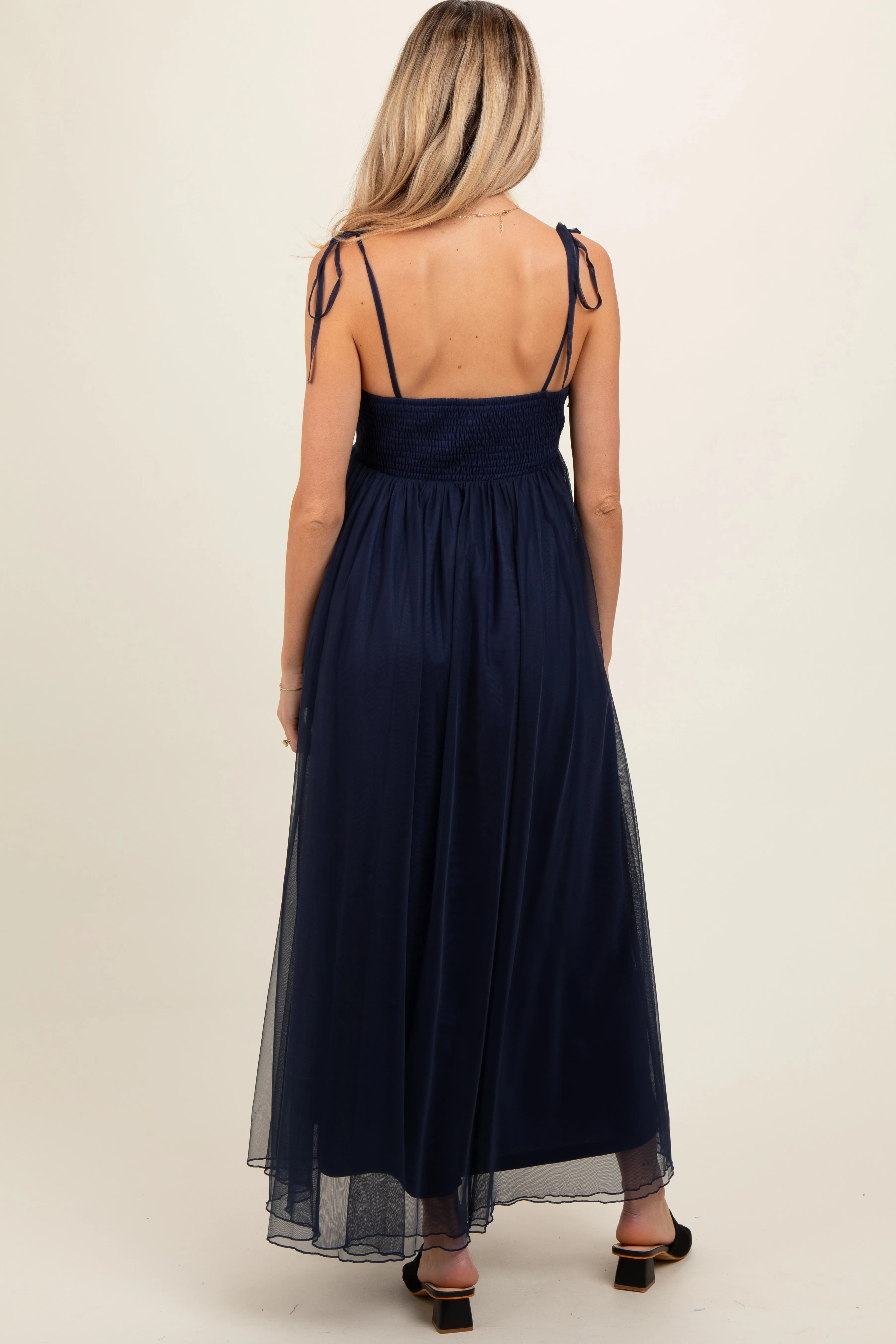 Navy Blue Square Neck Shoulder Tie Tulle Maternity Maxi Dress sold by Pinkblush product image thumbnail 4