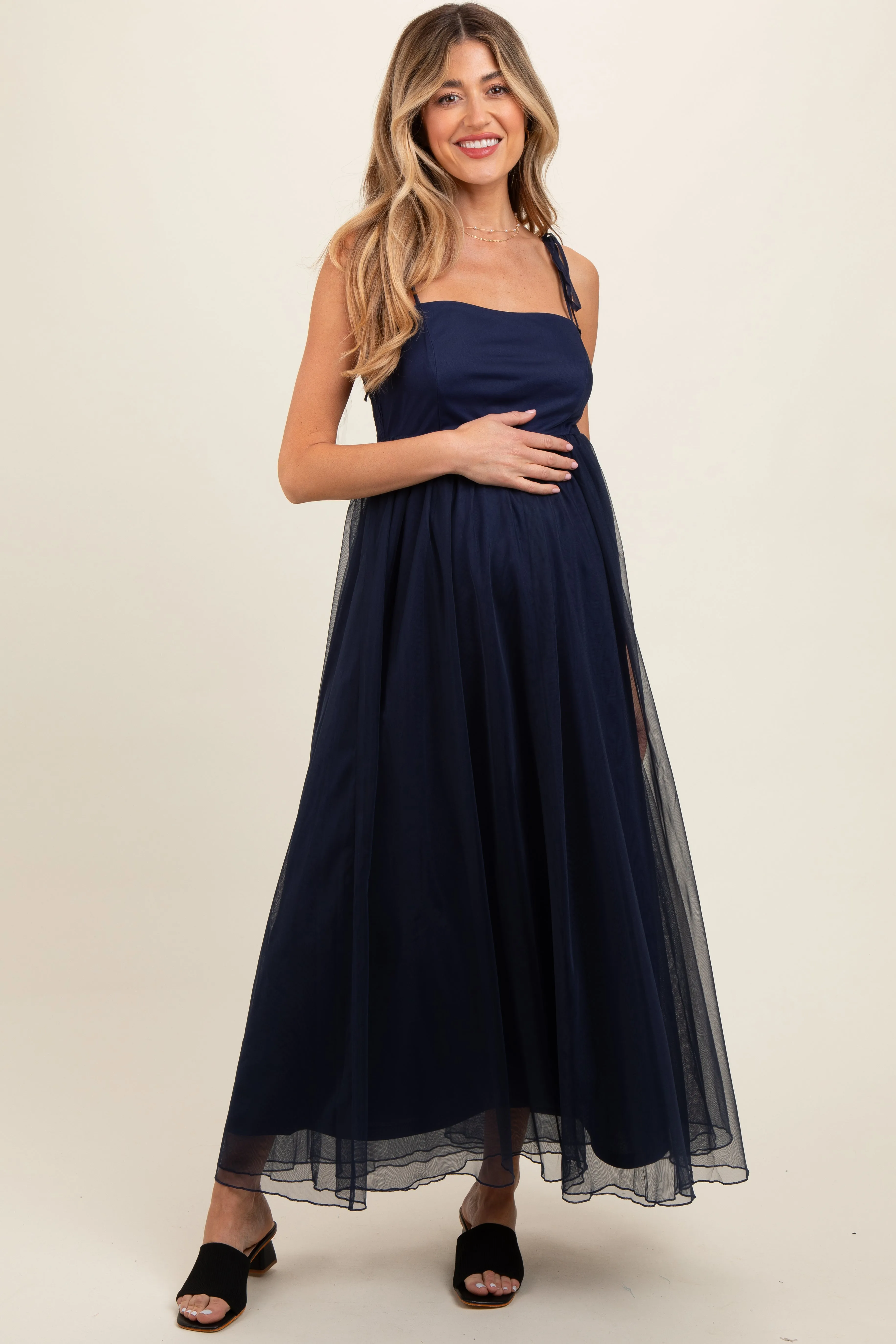 Navy Blue Square Neck Shoulder Tie Tulle Maternity Maxi Dress sold by Pinkblush