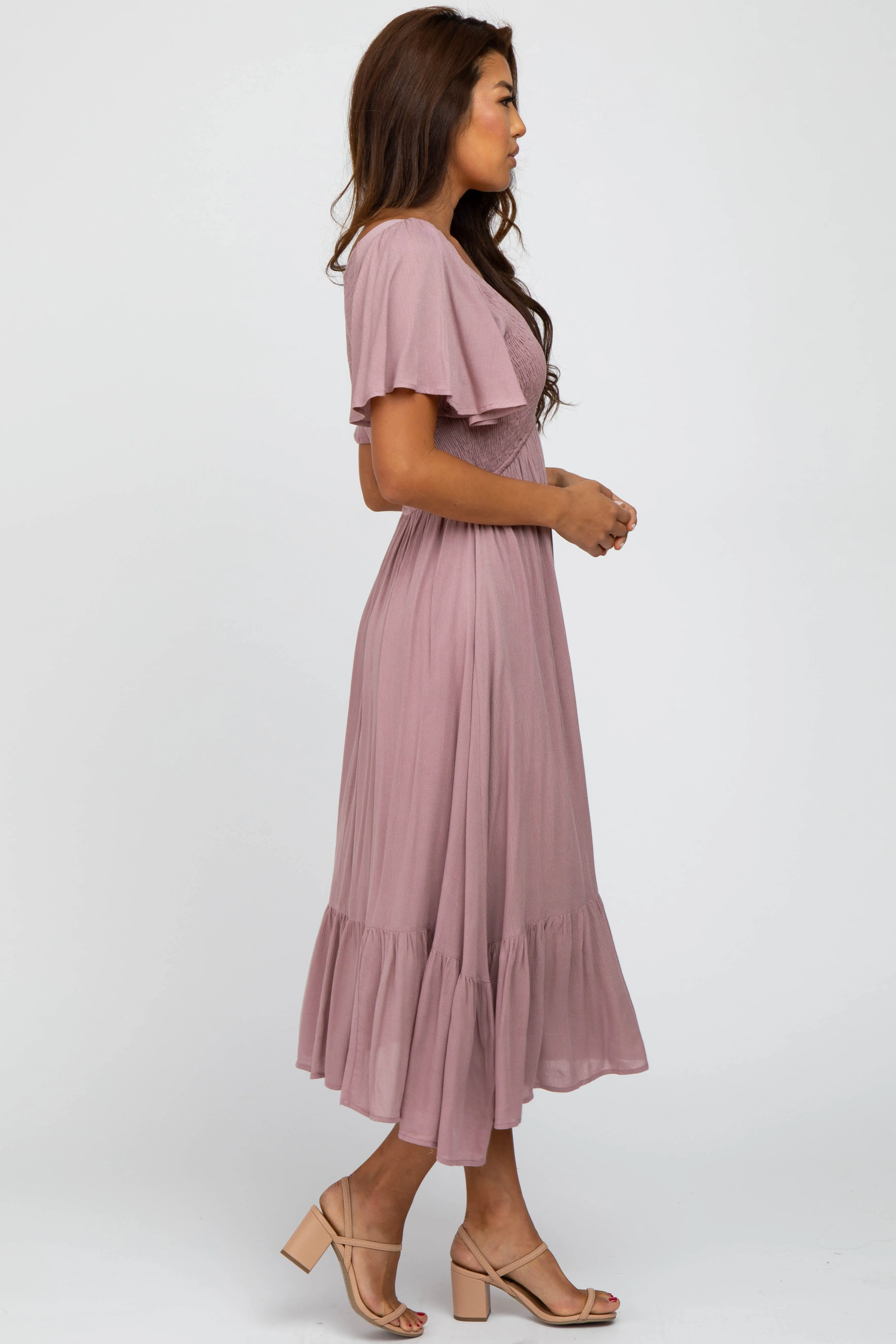 Mauve Smocked V-Neck Midi Dress sold by Pinkblush product image thumbnail 2