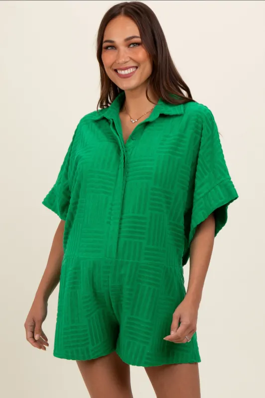 Green Textured Button Front Short Sleeve Maternity Romper sold by Pinkblush