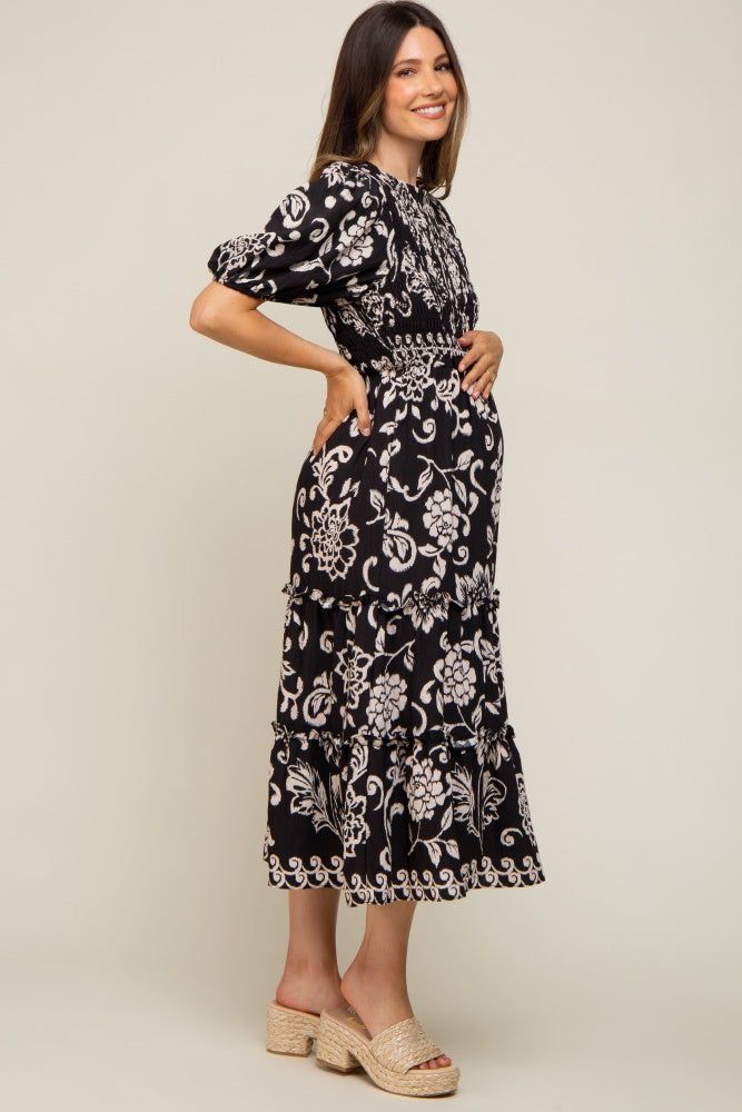 Black Floral Smocked Ruffle Tiered Maternity Midi Dress sold by Pinkblush product image thumbnail 2