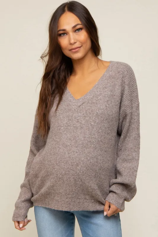 Mocha V-Neck Relaxed Fit Maternity Sweater sold by Pinkblush