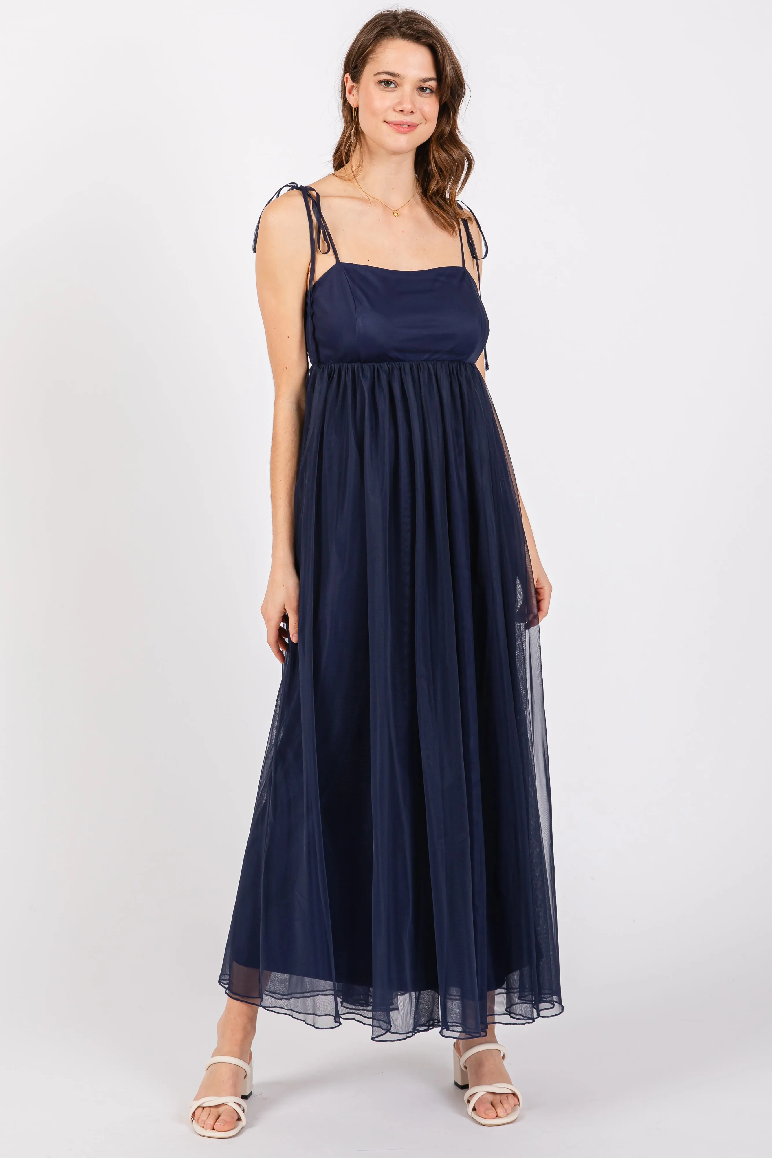 Navy Blue Square Neck Shoulder Tie Tulle Maternity Maxi Dress sold by Pinkblush product image thumbnail 5