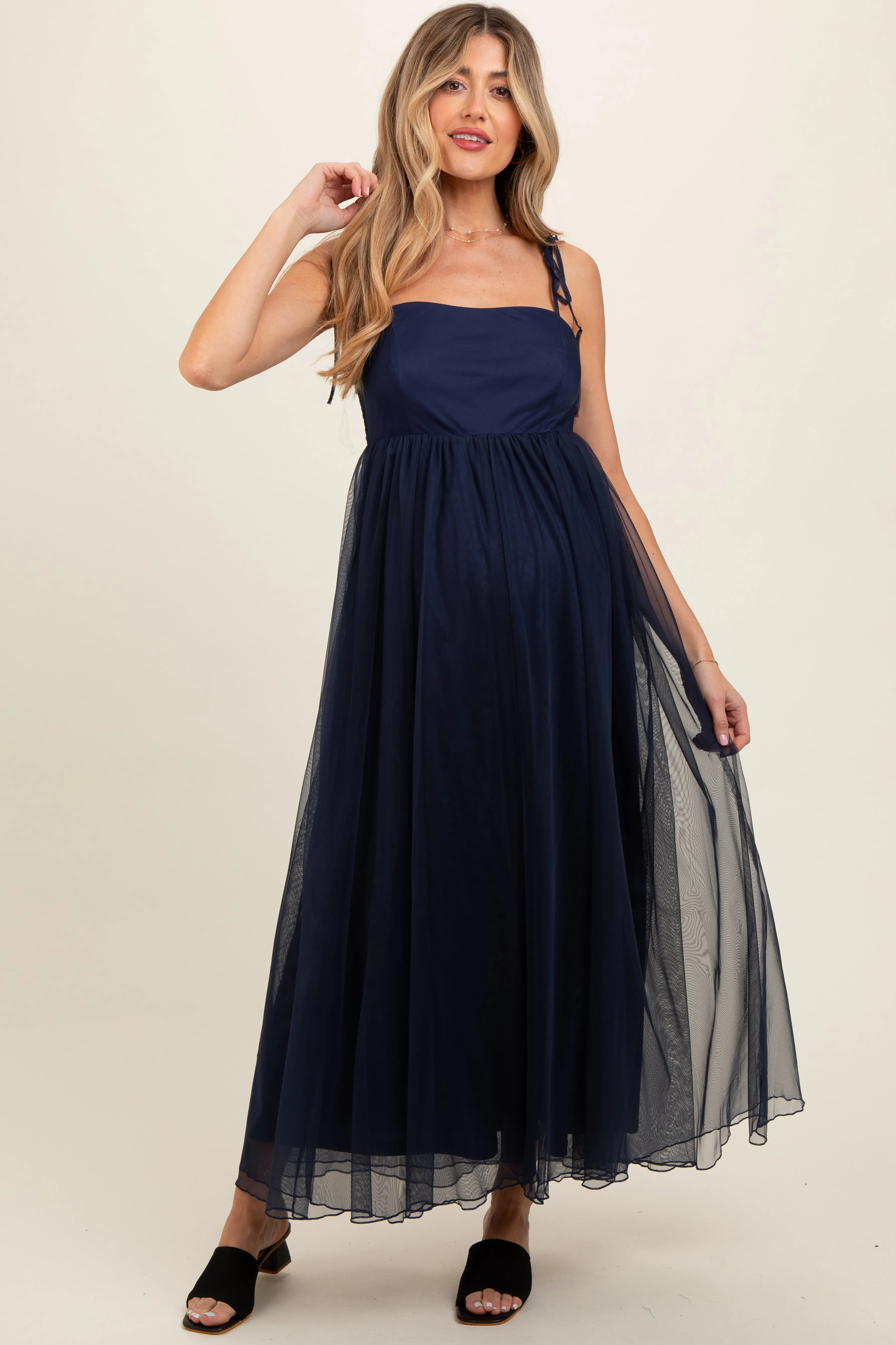 Navy Blue Square Neck Shoulder Tie Tulle Maternity Maxi Dress sold by Pinkblush product image thumbnail 2