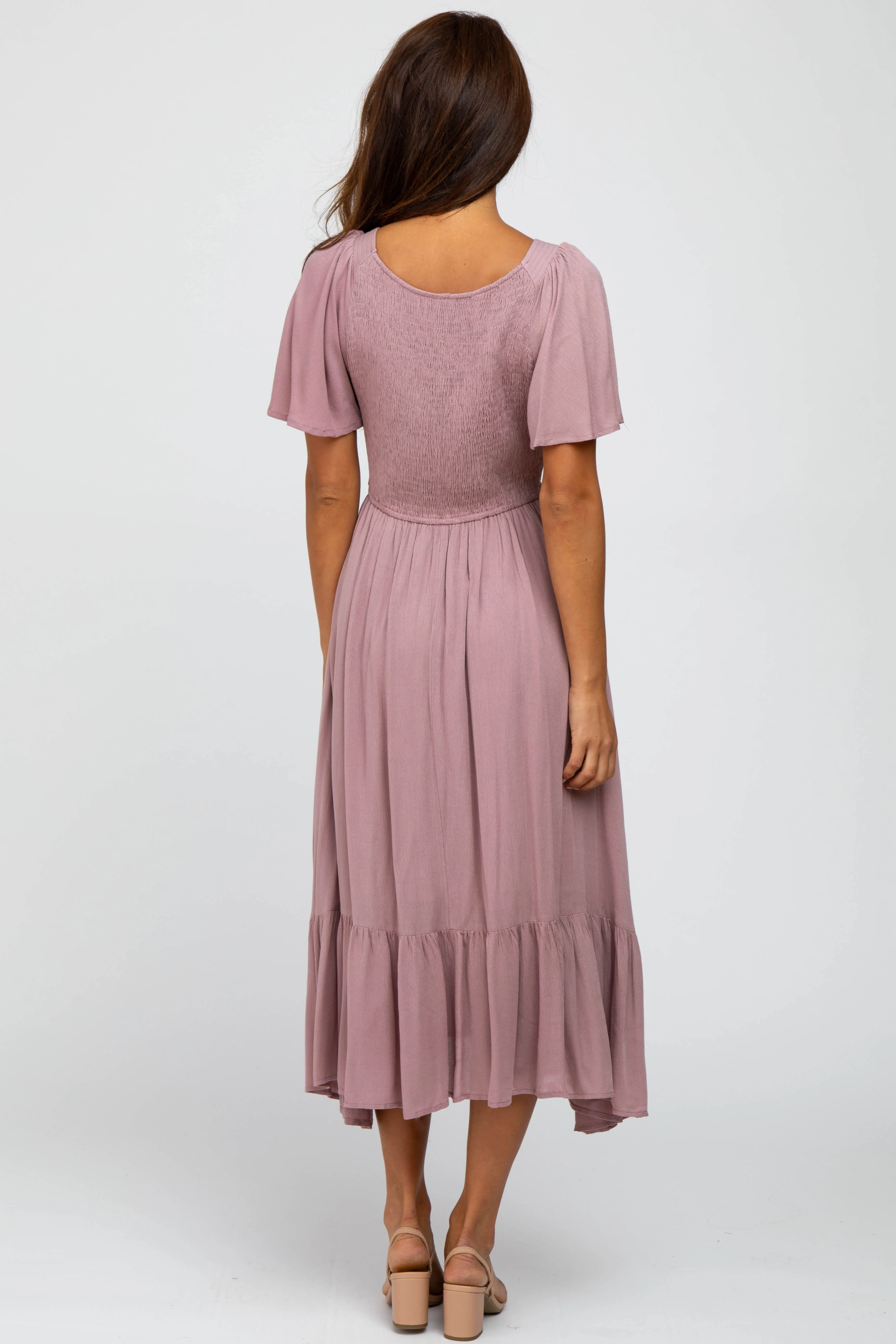 Mauve Smocked V-Neck Midi Dress sold by Pinkblush product image thumbnail 3