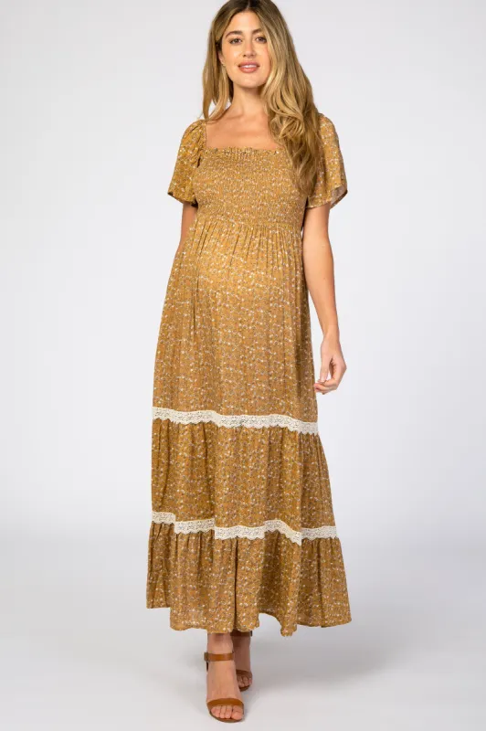 Gold Floral Square Neck Smocked Front Lace Trim Maternity Maxi Dress sold by Pinkblush