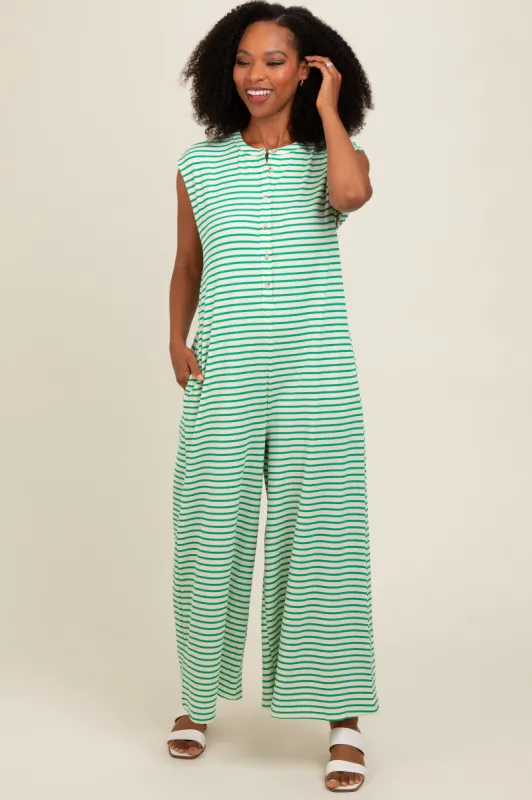 Green Striped Button Up Wide Leg Jumpsuit sold by Pinkblush