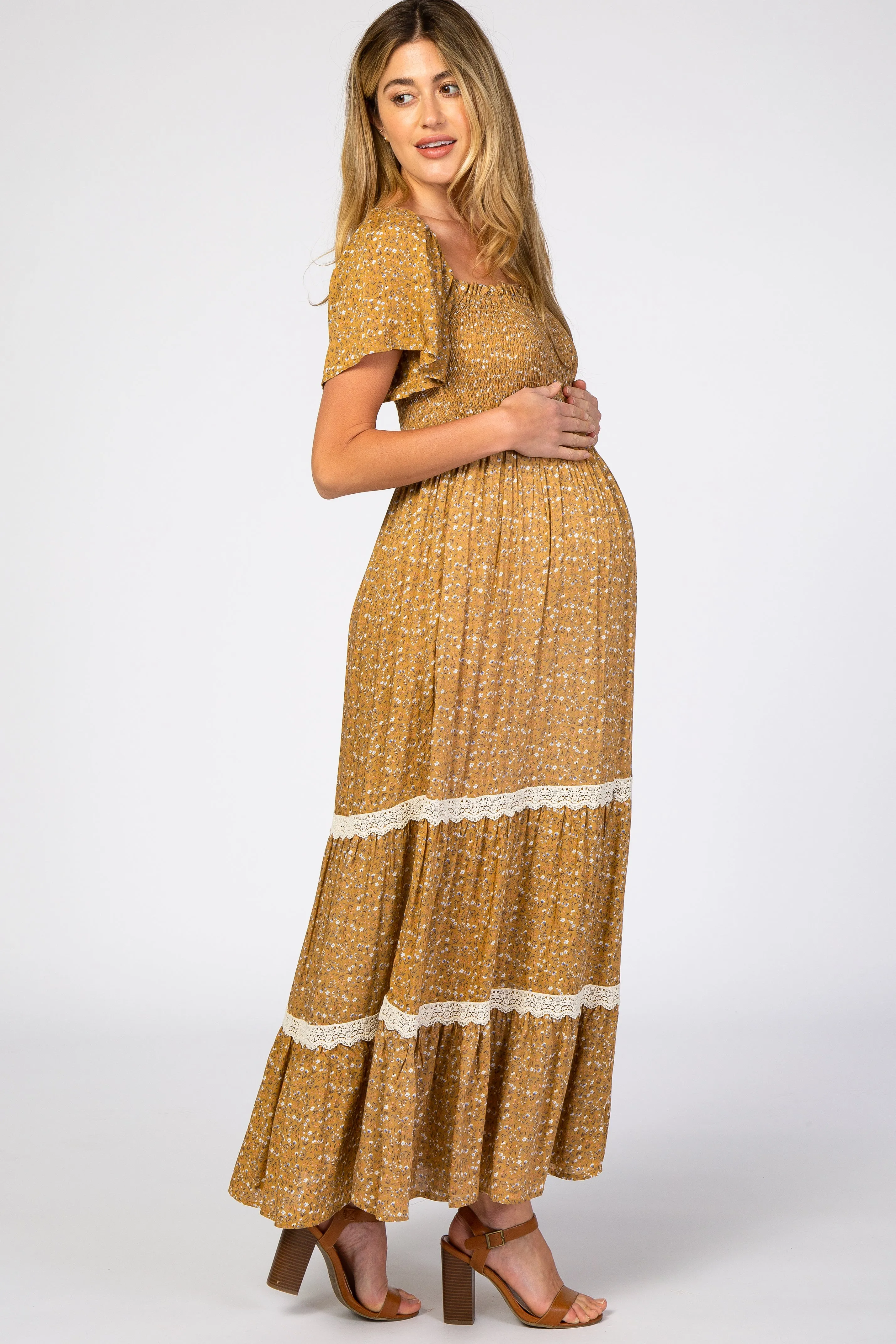 Gold Floral Square Neck Smocked Front Lace Trim Maternity Maxi Dress sold by Pinkblush product image thumbnail 2