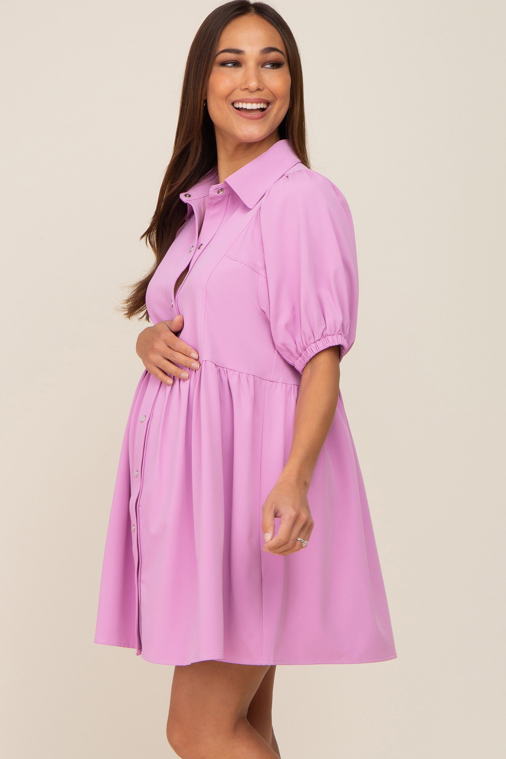 Lavender Button Down Maternity Mini Dress sold by Pinkblush product image thumbnail 3