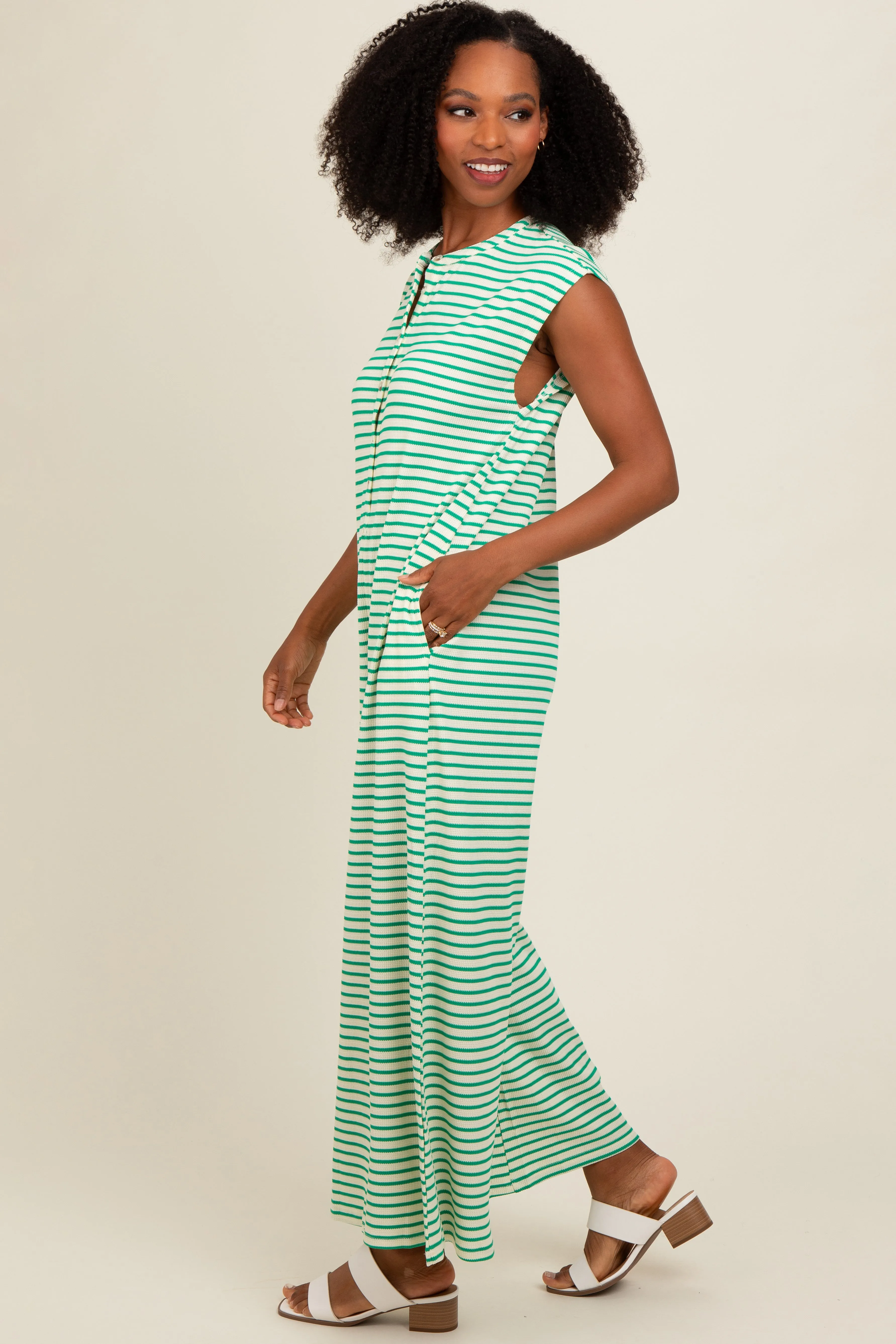 Green Striped Button Up Wide Leg Jumpsuit sold by Pinkblush product image thumbnail 2