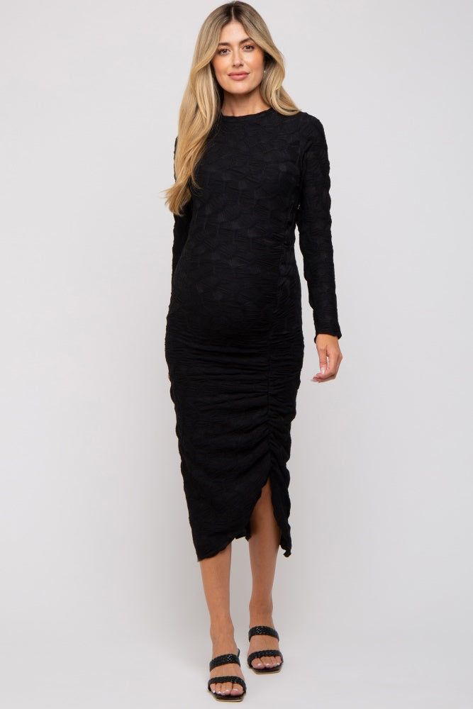 Black Textured Ruched Maternity Midi Dress sold by Pinkblush product image thumbnail 4