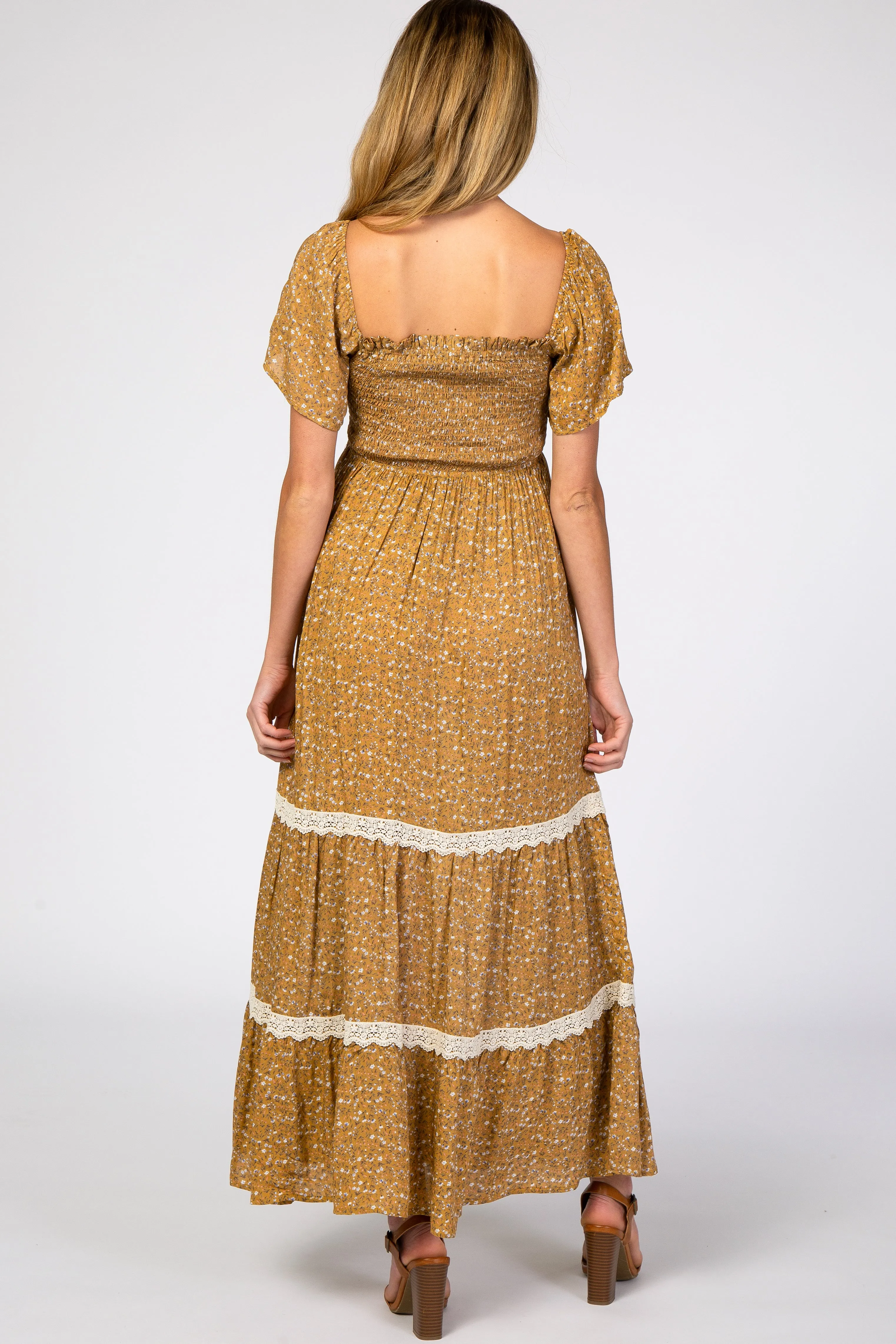Gold Floral Square Neck Smocked Front Lace Trim Maternity Maxi Dress sold by Pinkblush product image thumbnail 3