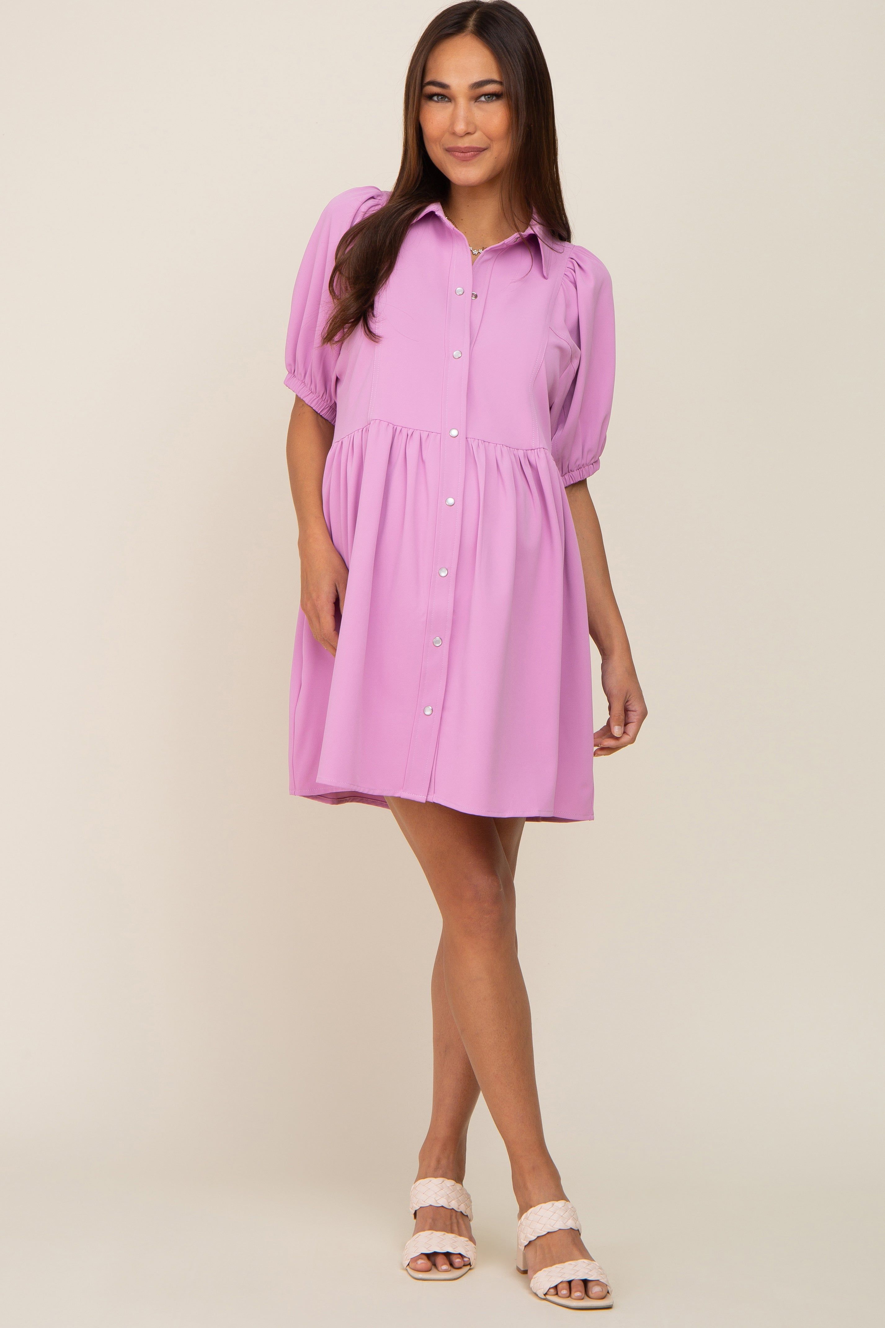 Lavender Button Down Maternity Mini Dress sold by Pinkblush