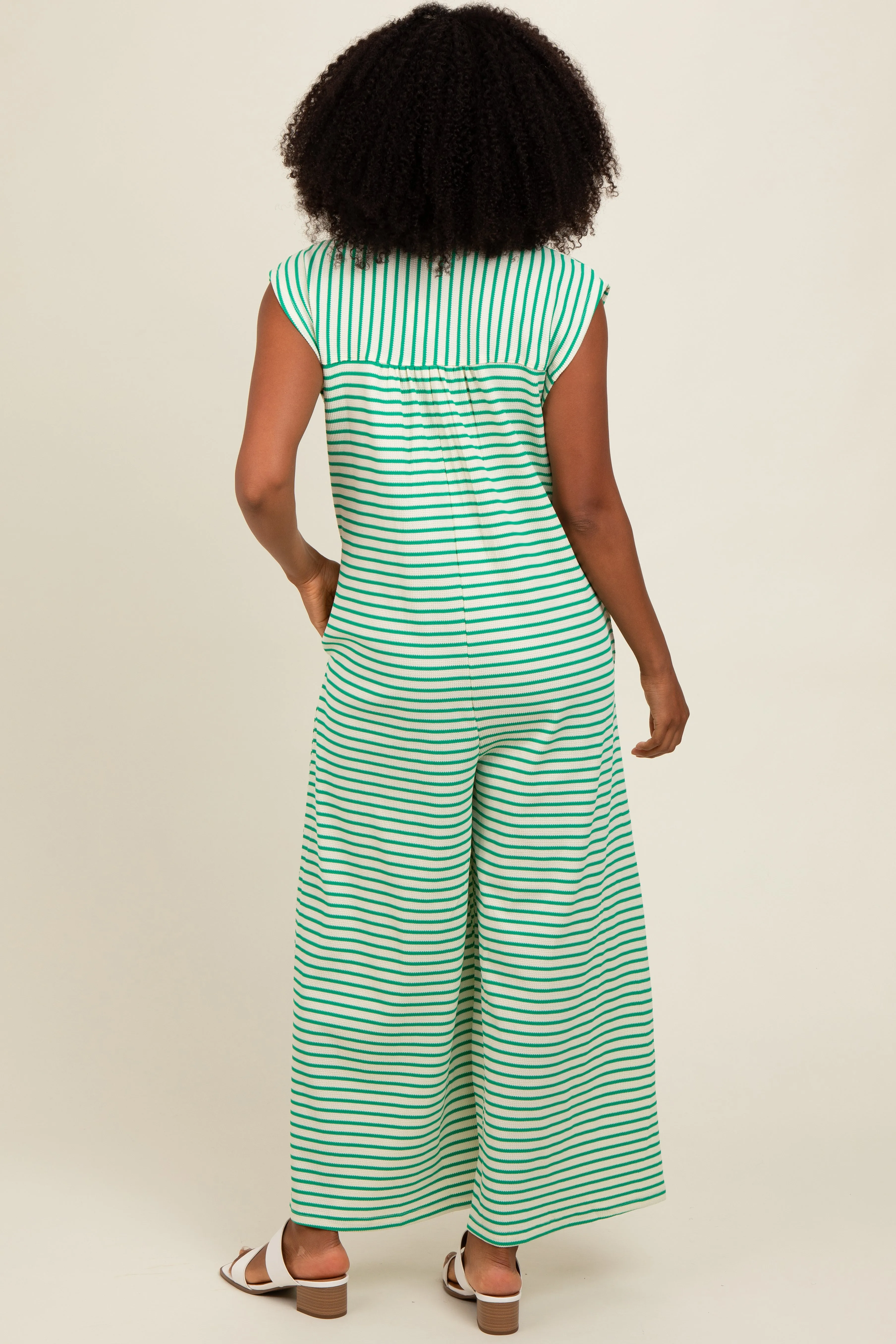 Green Striped Button Up Wide Leg Jumpsuit sold by Pinkblush product image thumbnail 3