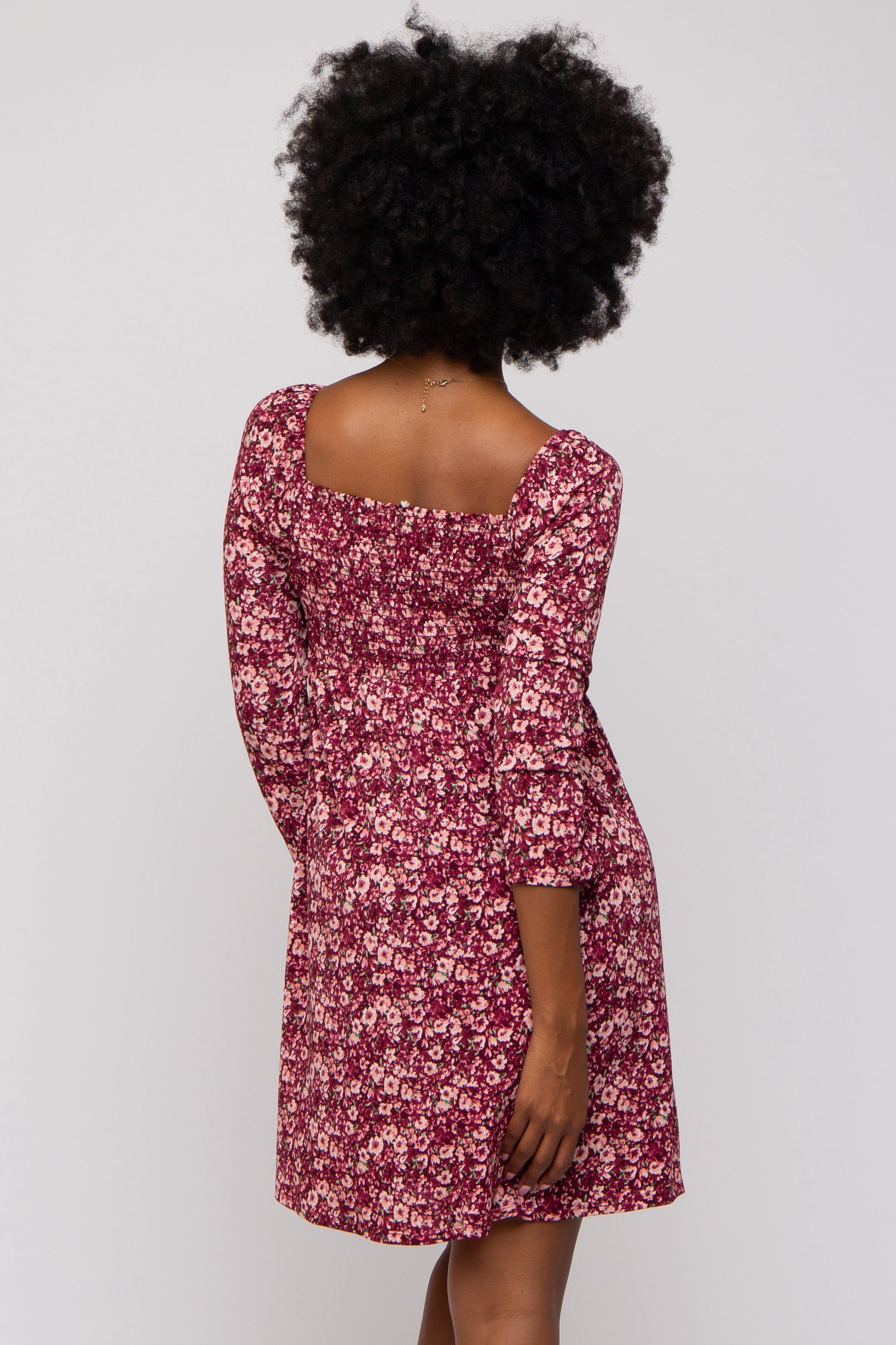 Burgundy Floral Ruched Long Sleeve Dress sold by Pinkblush product image thumbnail 3