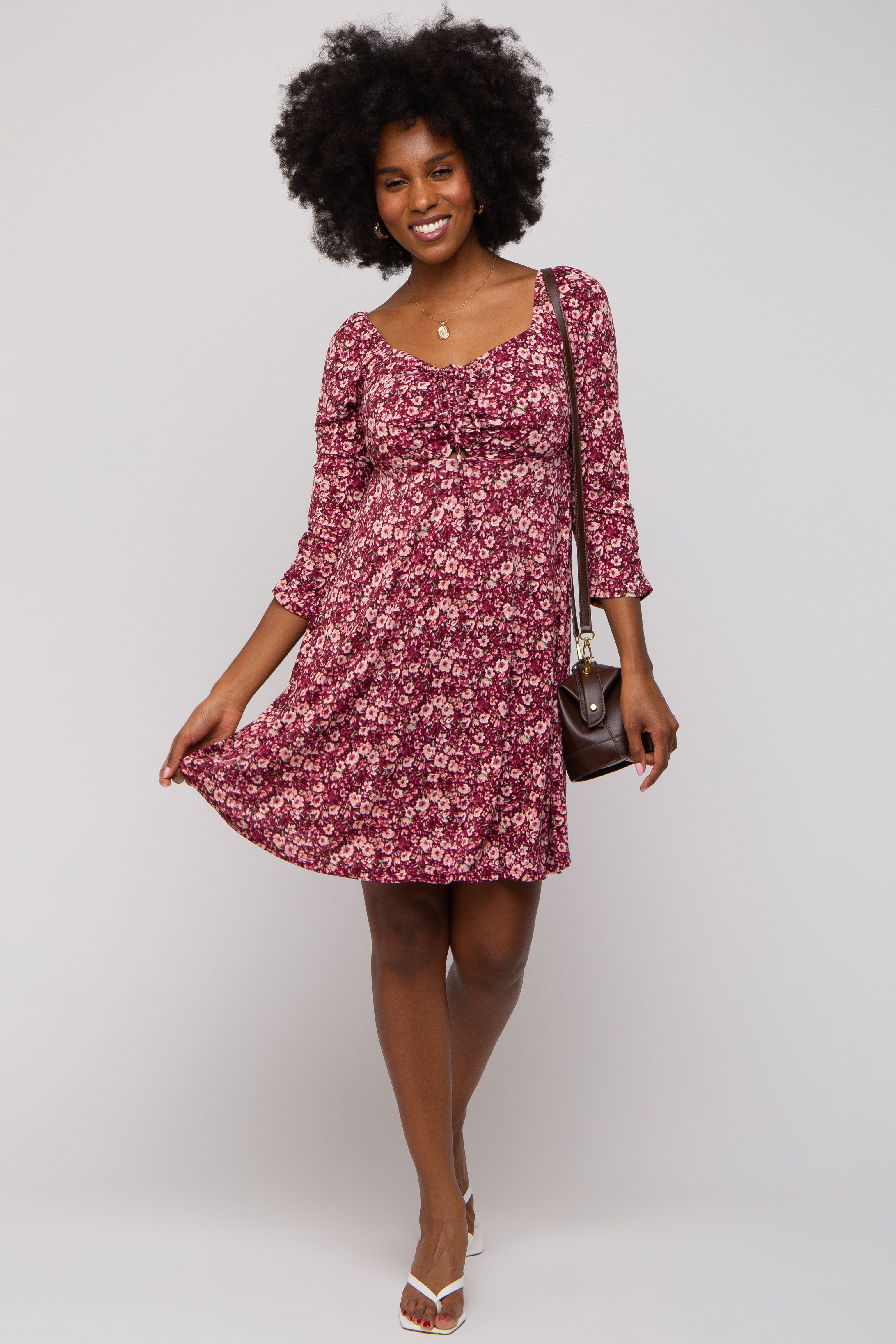 Burgundy Floral Ruched Long Sleeve Dress sold by Pinkblush product image thumbnail 4
