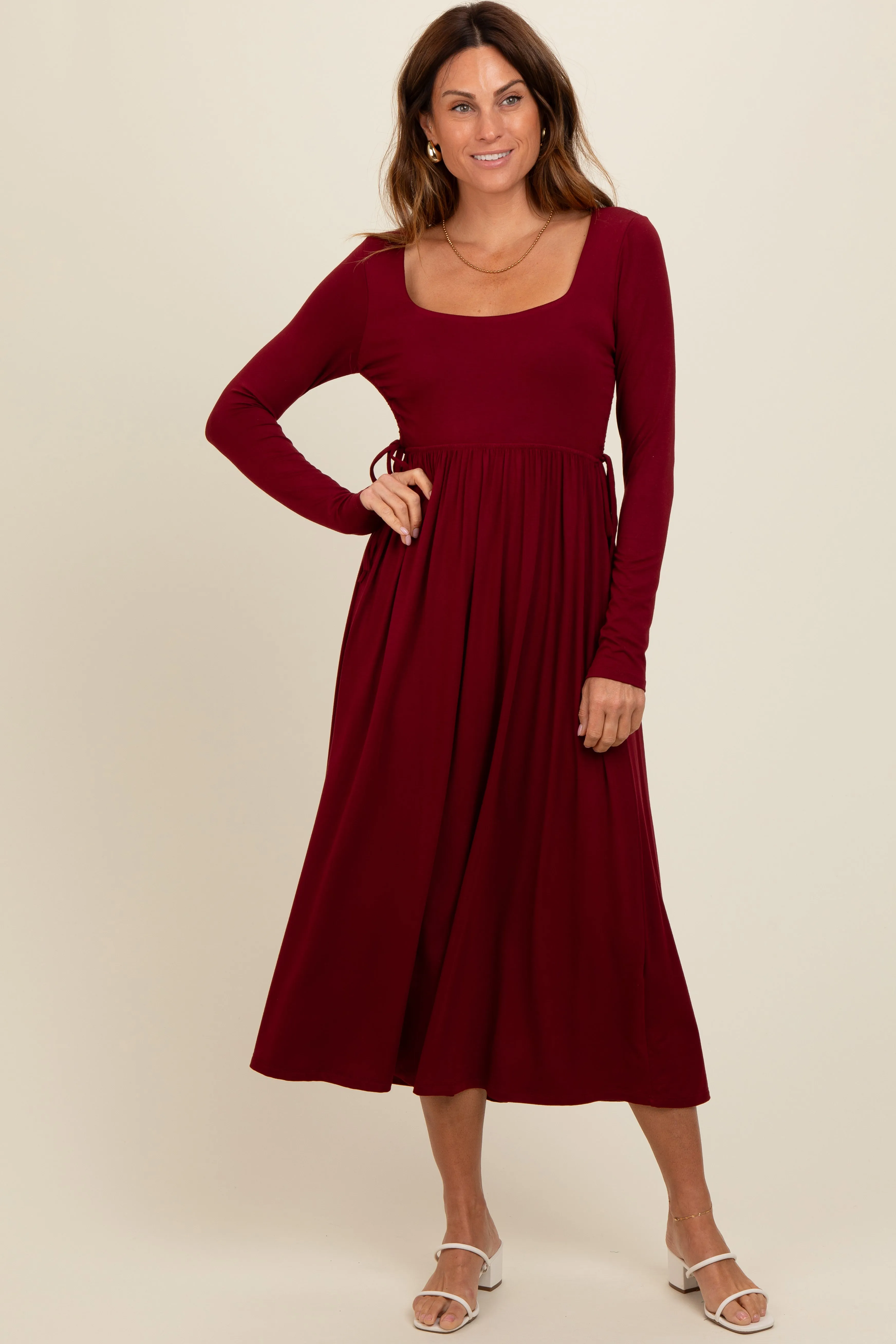 Burgundy Square Neck Long Sleeve Midi Dress sold by Pinkblush product image thumbnail 2